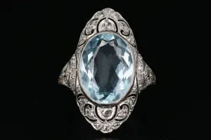 Art Deco Platinum 5.6 CT Aquamarine and Single Cut Diamond Ring