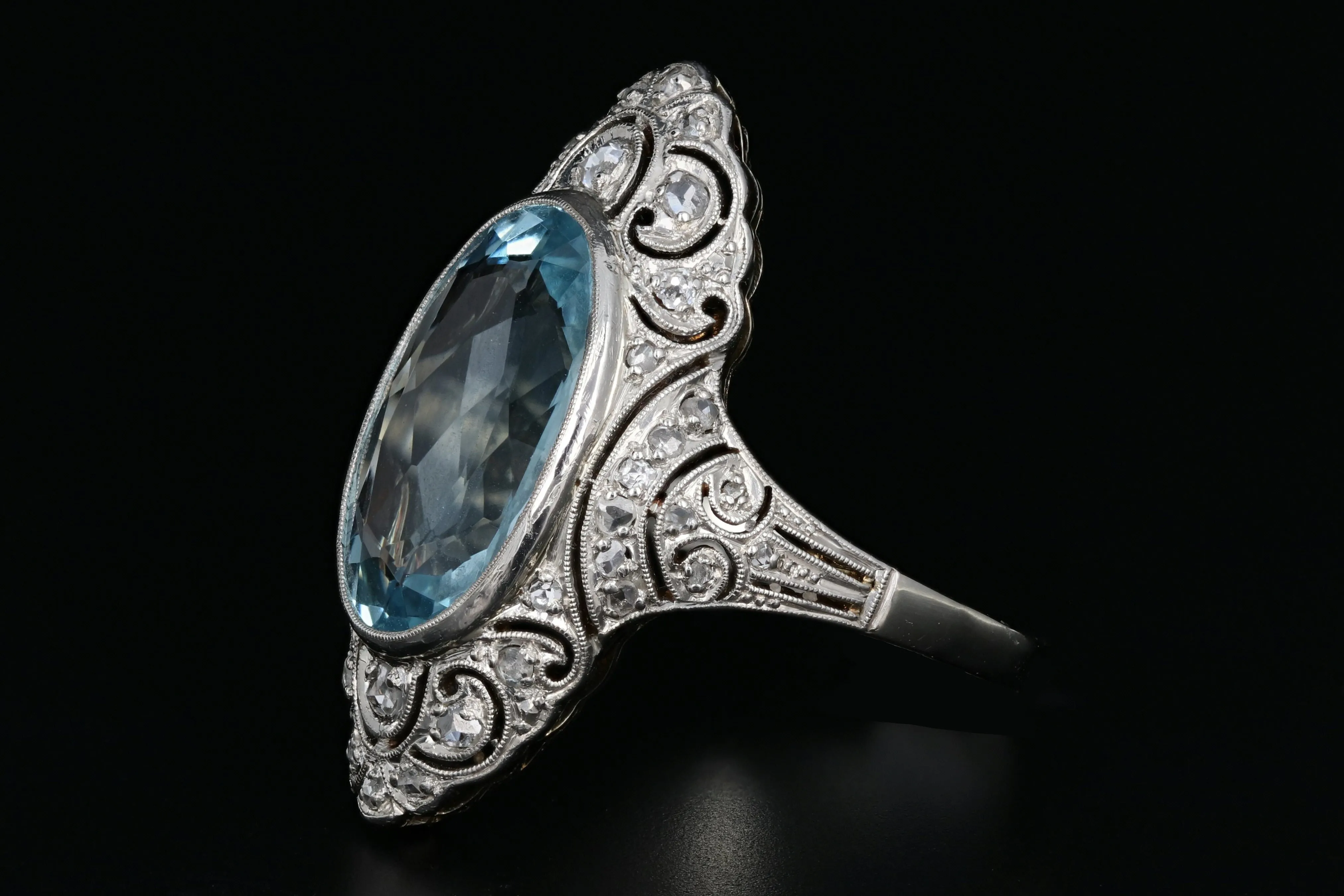 Art Deco Platinum 5.6 CT Aquamarine and Single Cut Diamond Ring