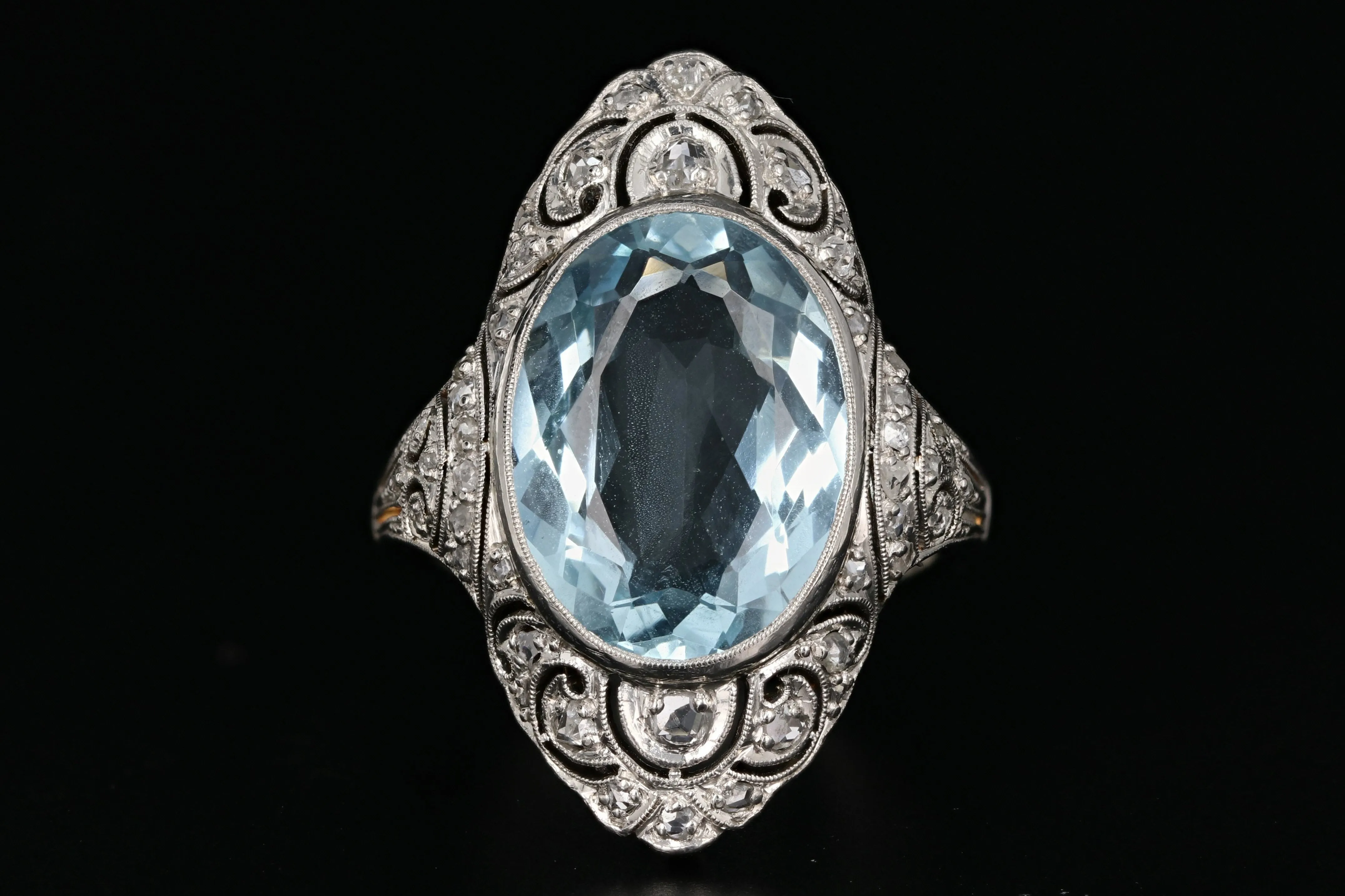 Art Deco Platinum 5.6 CT Aquamarine and Single Cut Diamond Ring
