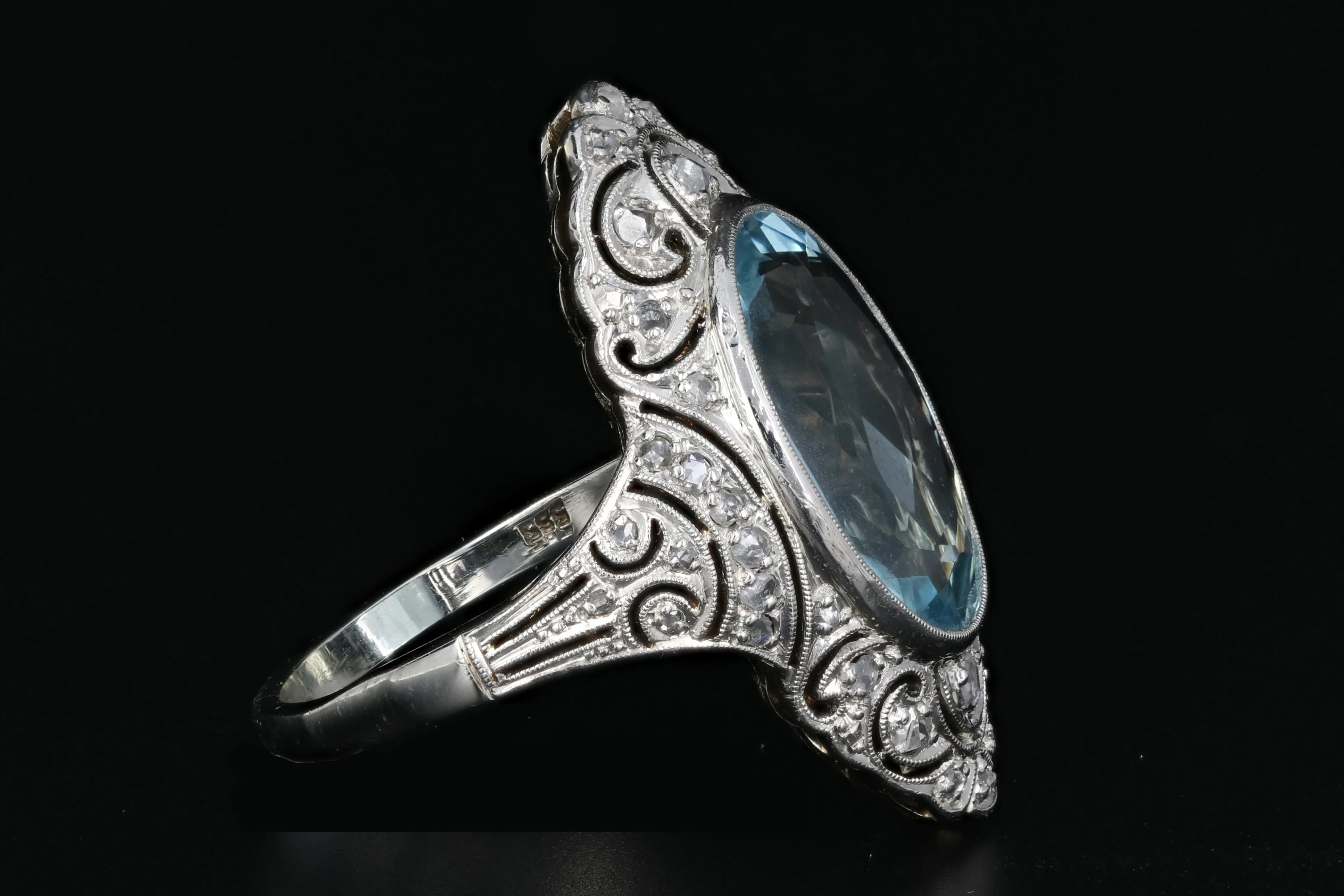 Art Deco Platinum 5.6 CT Aquamarine and Single Cut Diamond Ring