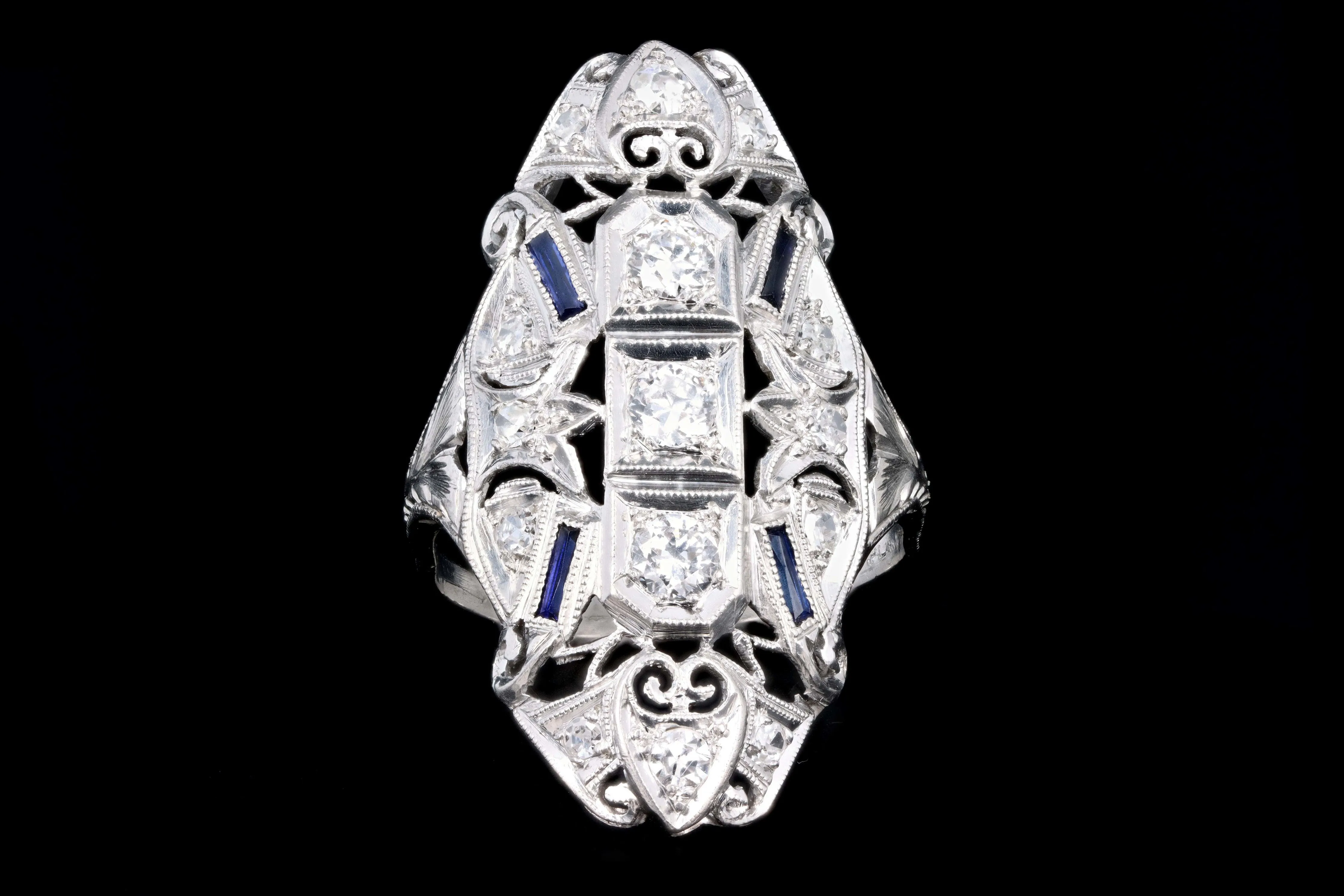 Art Deco Platinum .65 Carats Diamond & Synthetic Sapphire Statement Ring