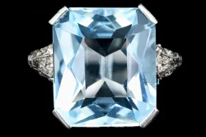 Art Deco Platinum 7 Carat Aquamarine and Diamond Ring