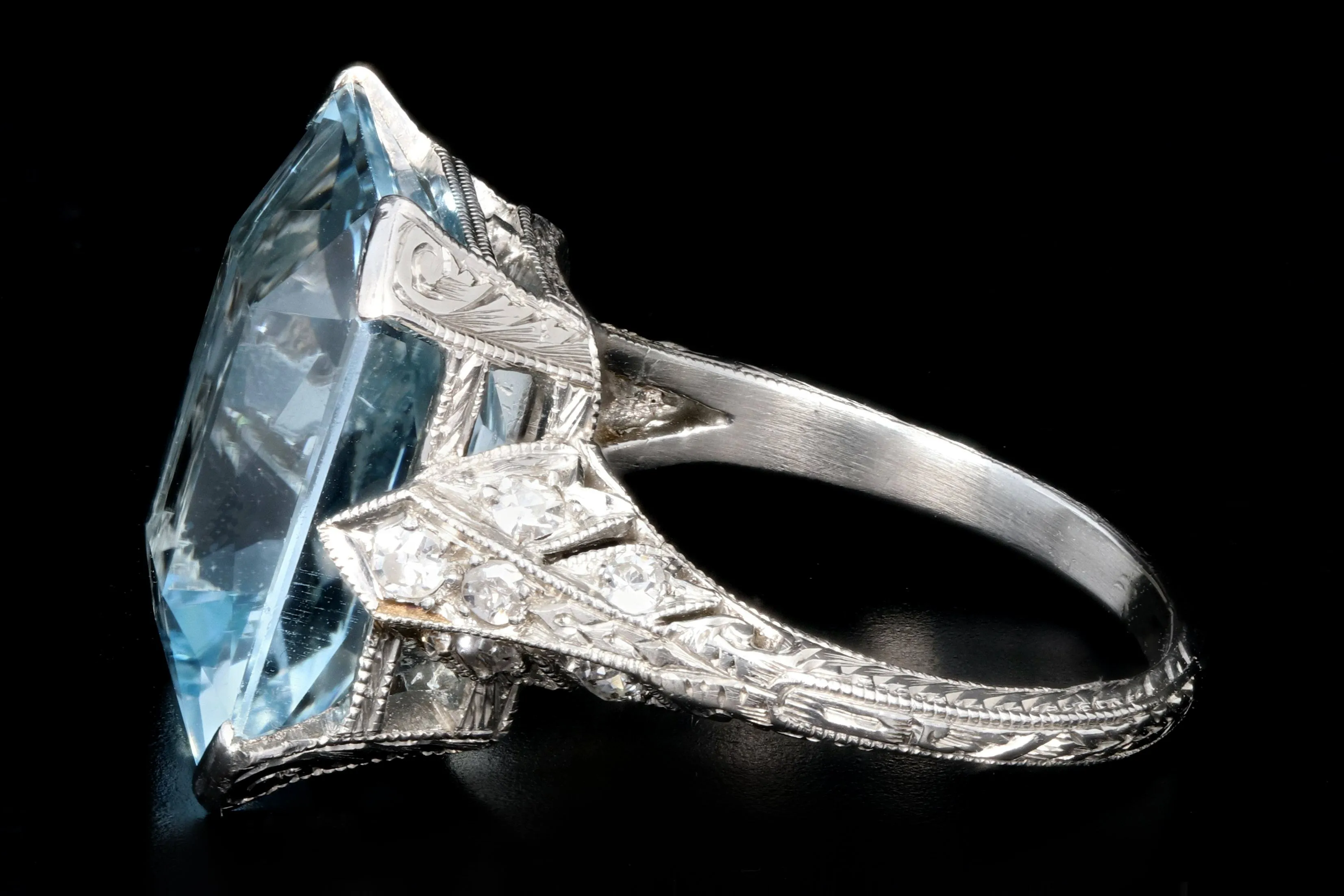 Art Deco Platinum 7 Carat Aquamarine and Diamond Ring