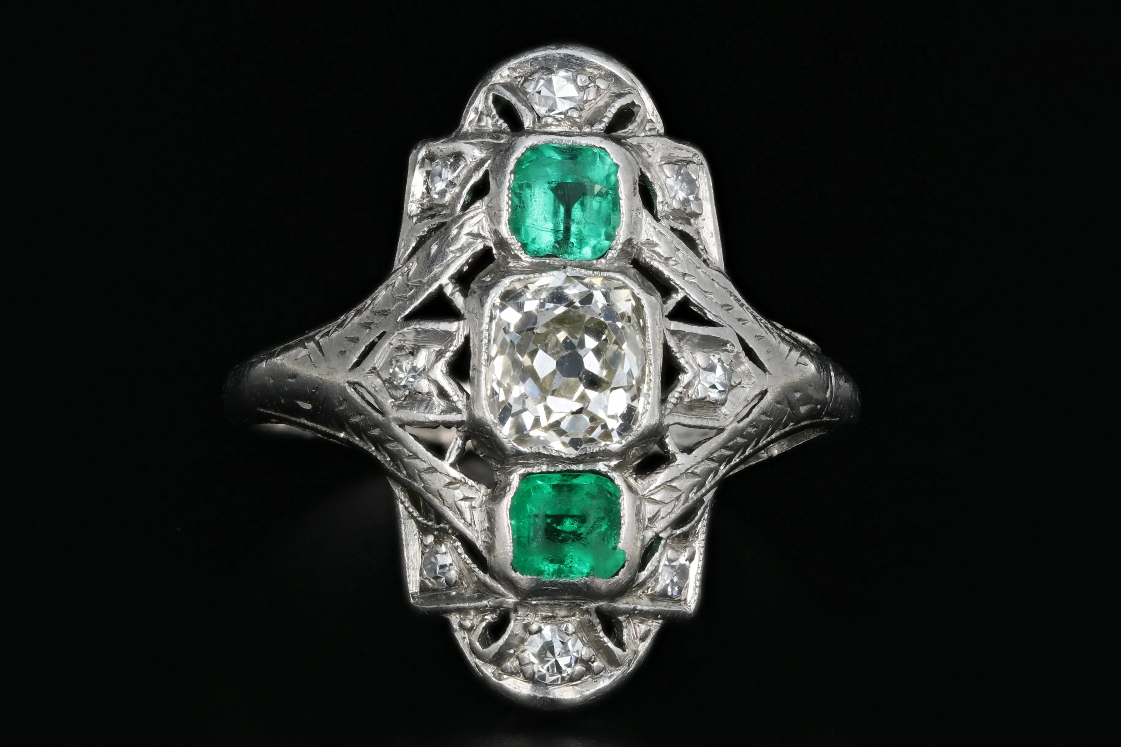 Art Deco Platinum .80 Carat Old Mine Cut Diamond and Emerald Ring