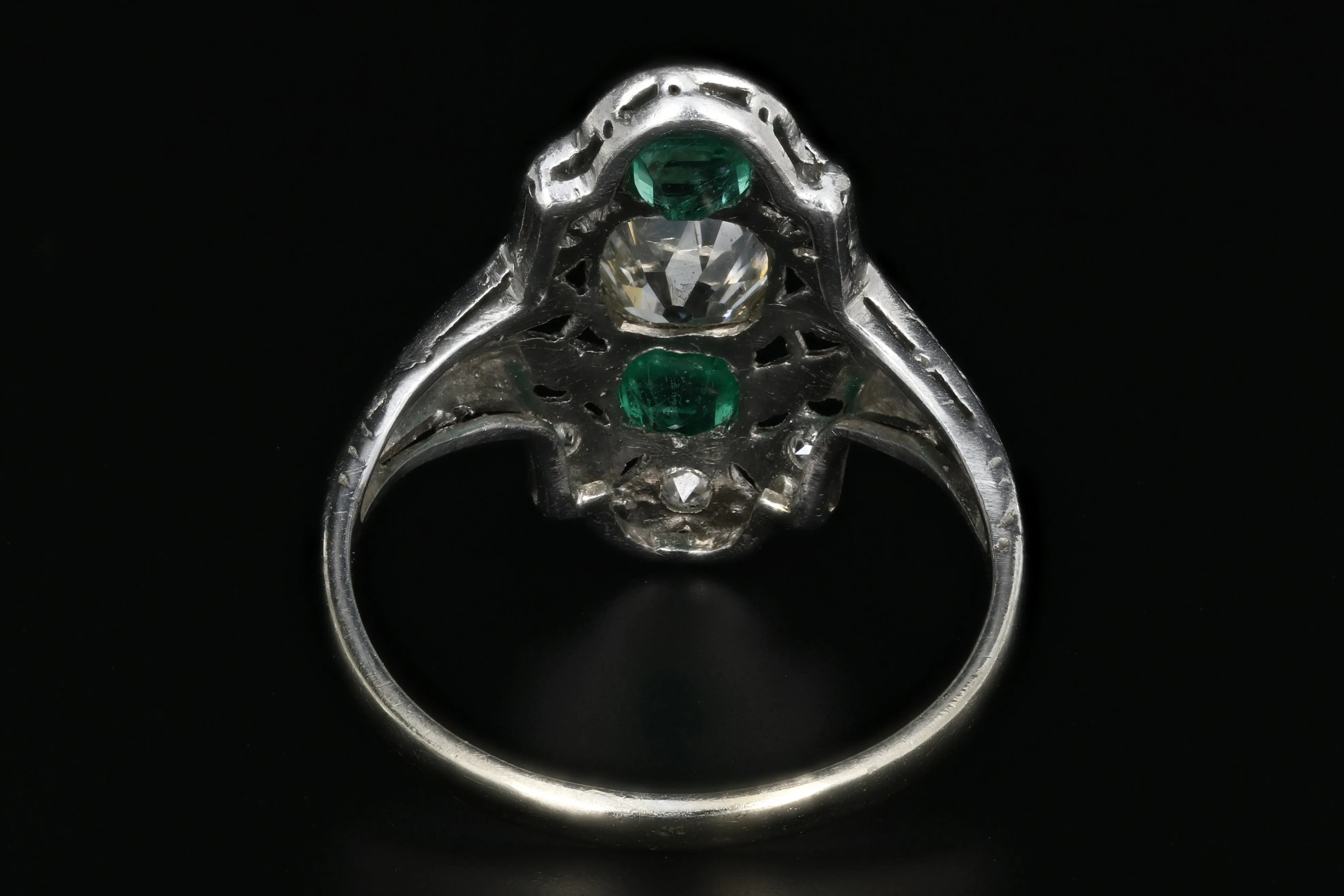 Art Deco Platinum .80 Carat Old Mine Cut Diamond and Emerald Ring