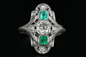 Art Deco Platinum .80 Carat Old Mine Cut Diamond and Emerald Ring