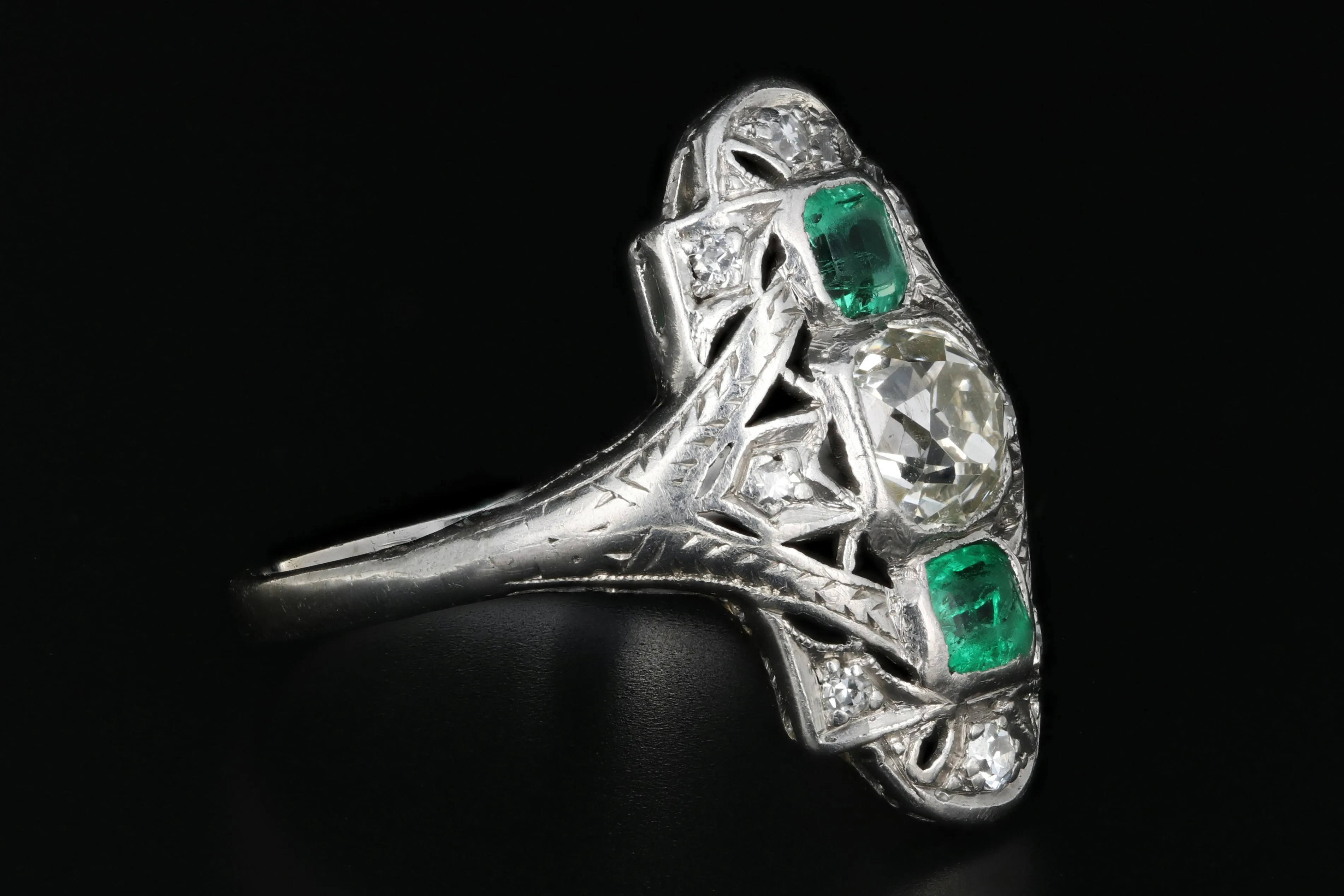 Art Deco Platinum .80 Carat Old Mine Cut Diamond and Emerald Ring