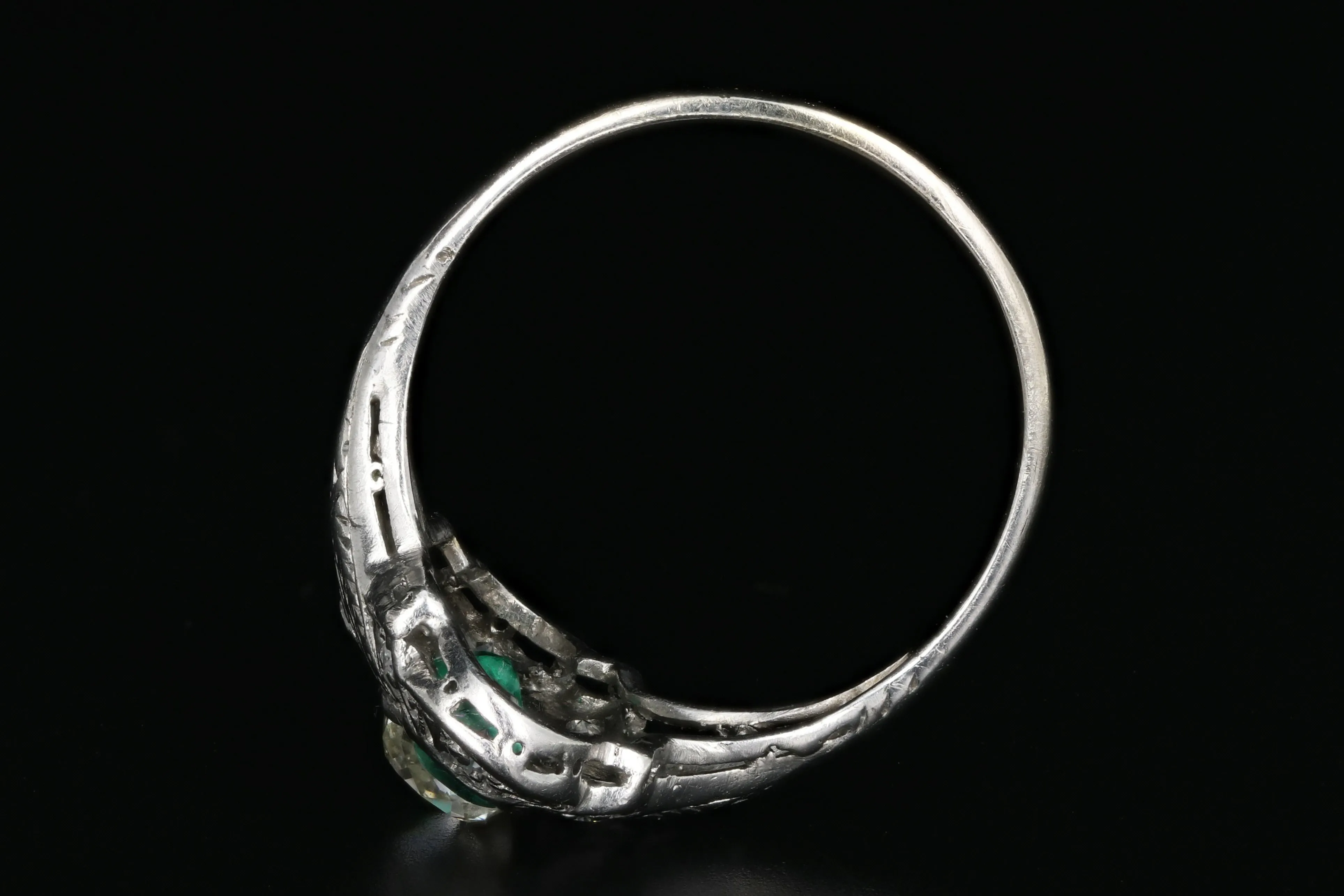 Art Deco Platinum .80 Carat Old Mine Cut Diamond and Emerald Ring