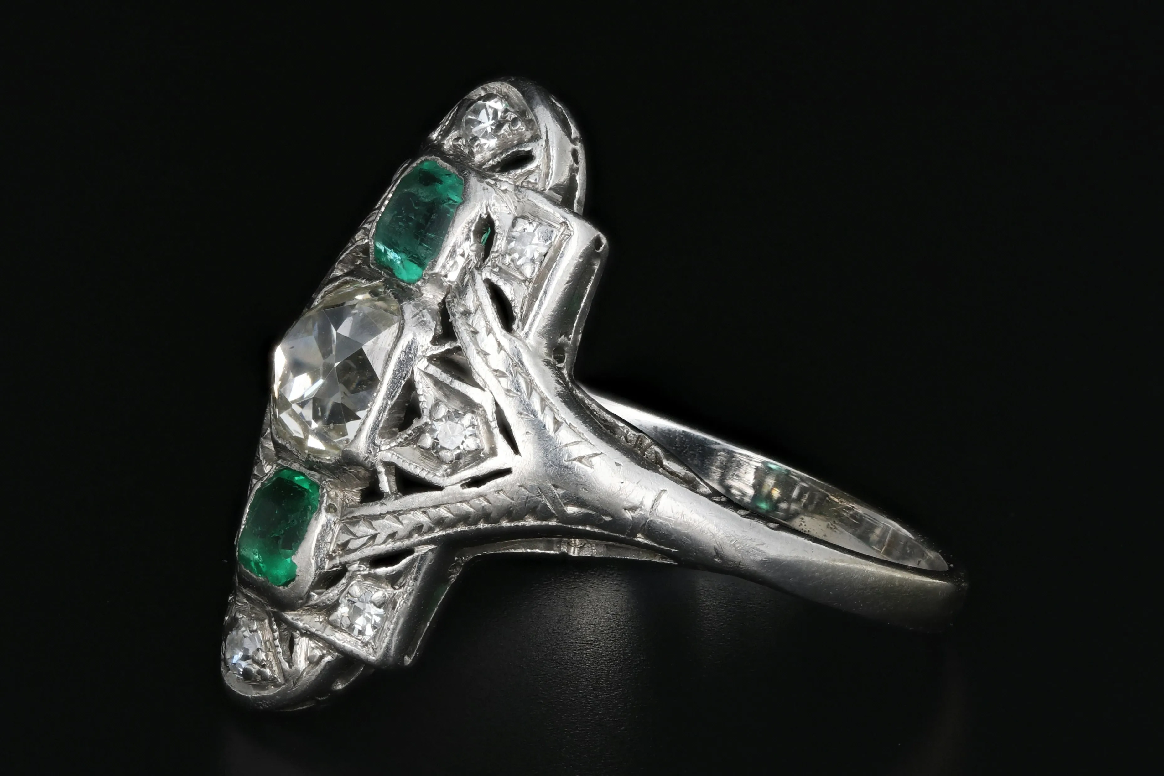 Art Deco Platinum .80 Carat Old Mine Cut Diamond and Emerald Ring