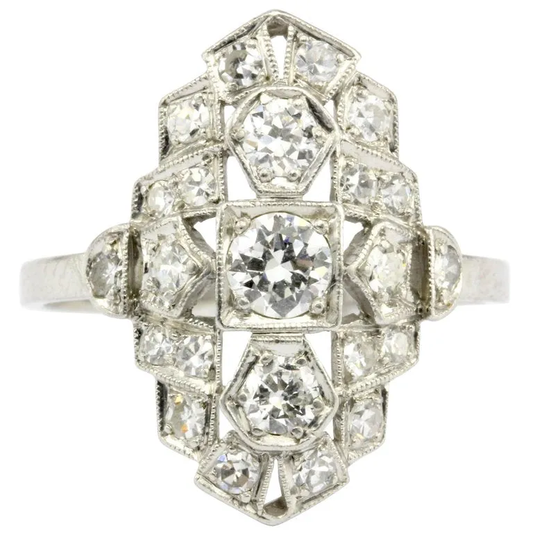 Art Deco Platinum and Diamond Shield Ring Size 7.75