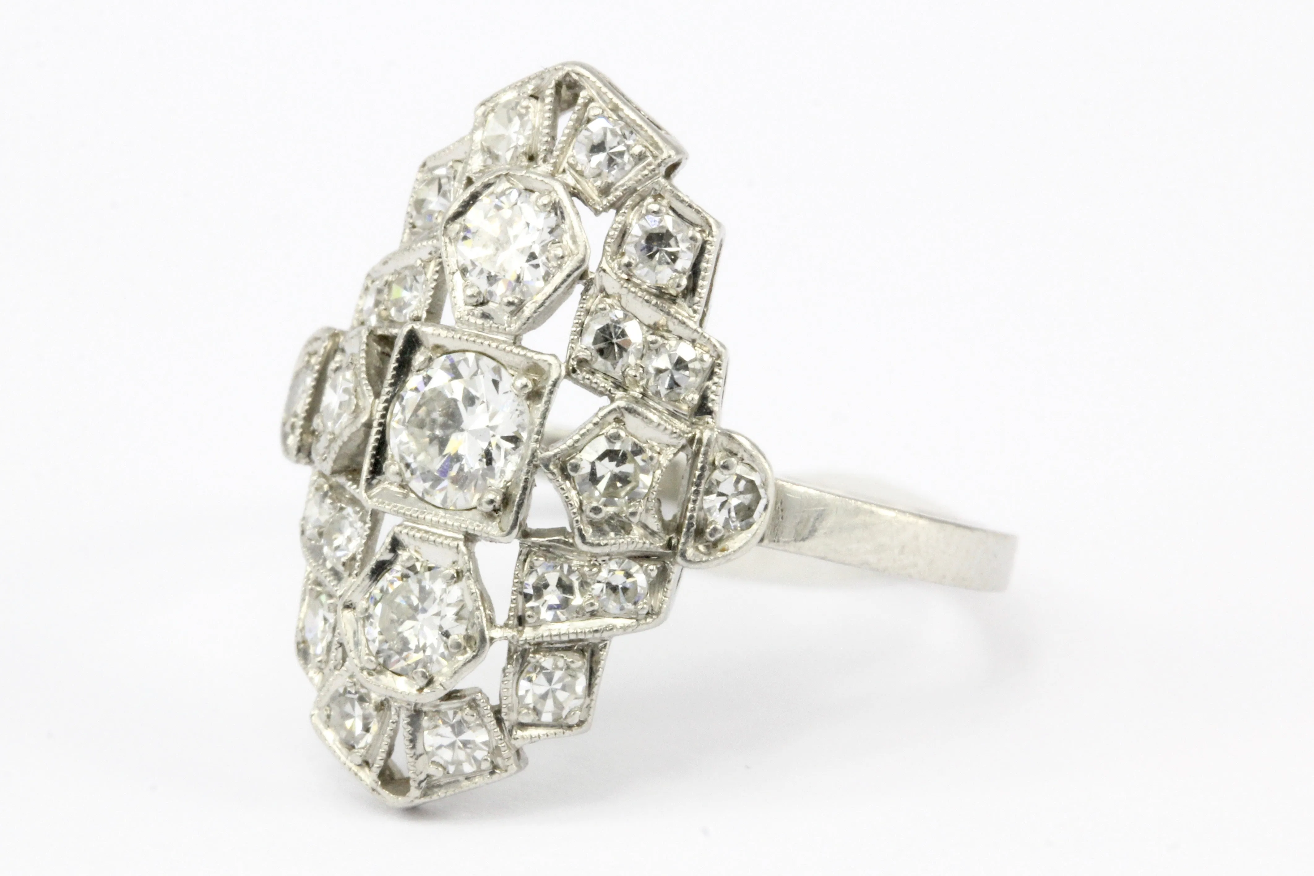 Art Deco Platinum and Diamond Shield Ring Size 7.75