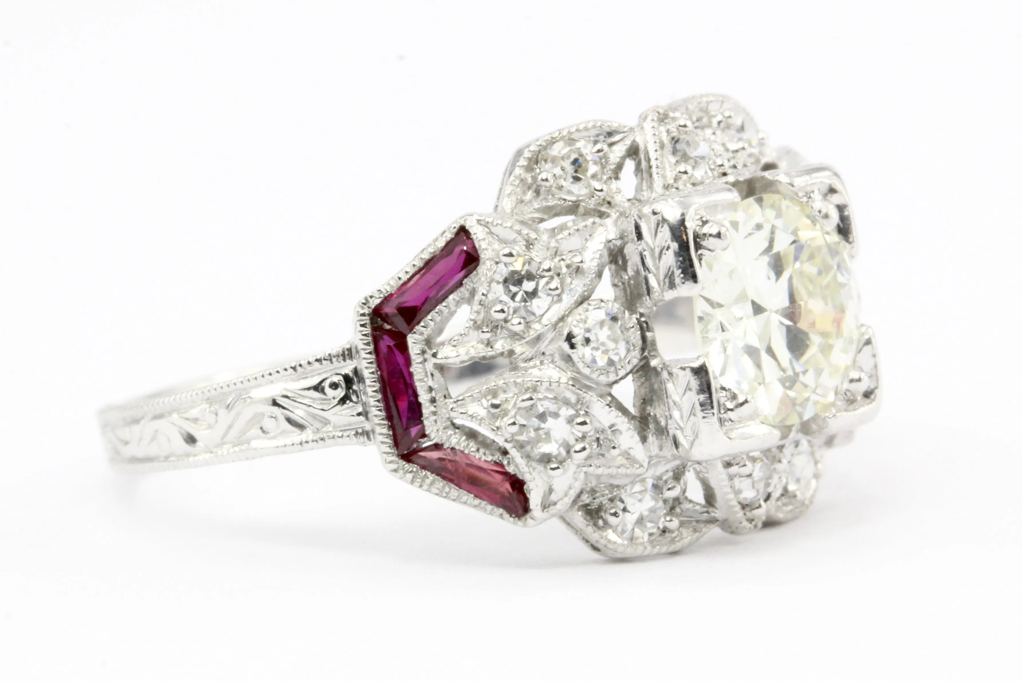 Art Deco Platinum Diamond and French Cut Ruby Ring c.1920