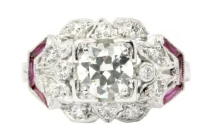 Art Deco Platinum Diamond and French Cut Ruby Ring c.1920