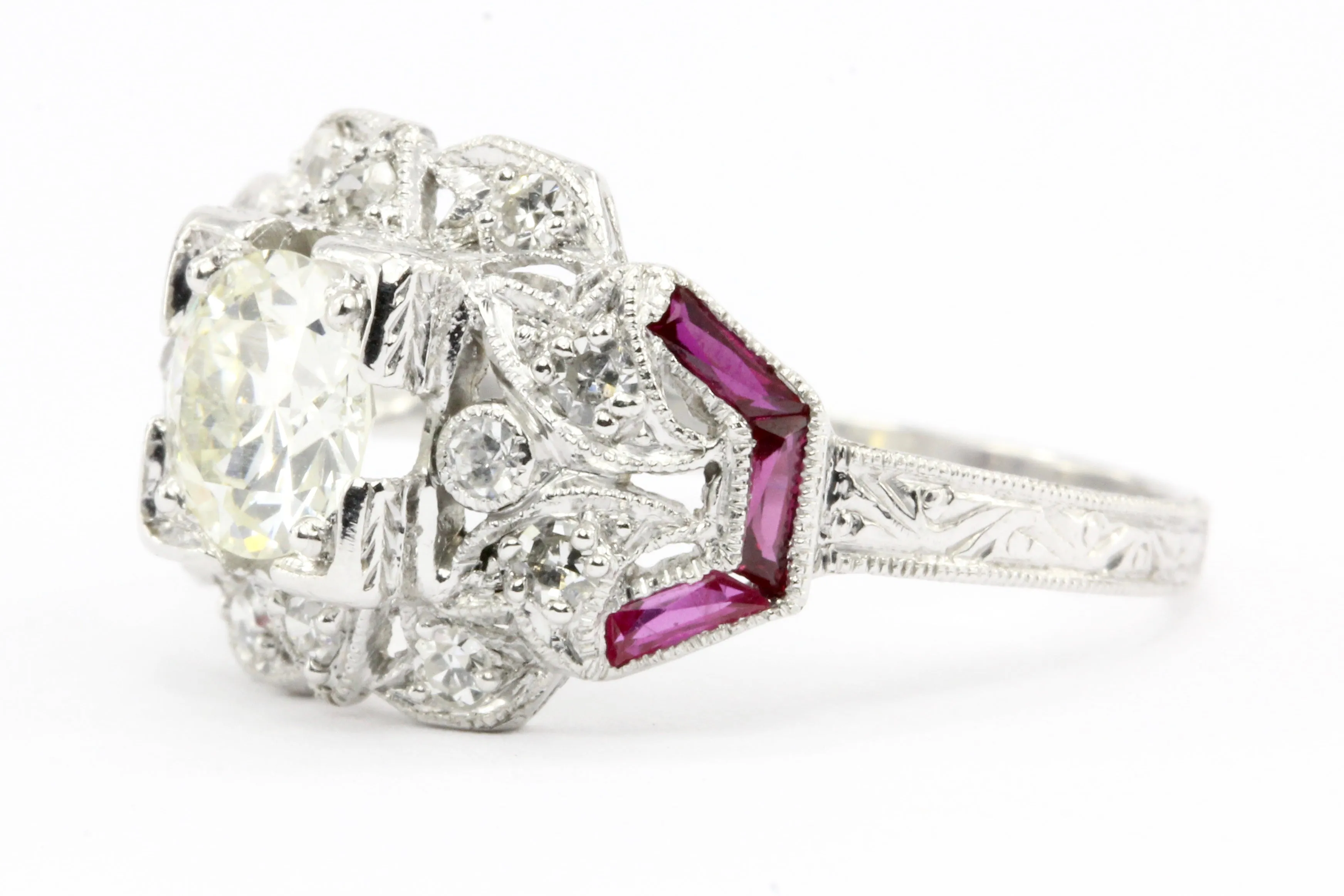Art Deco Platinum Diamond and French Cut Ruby Ring c.1920