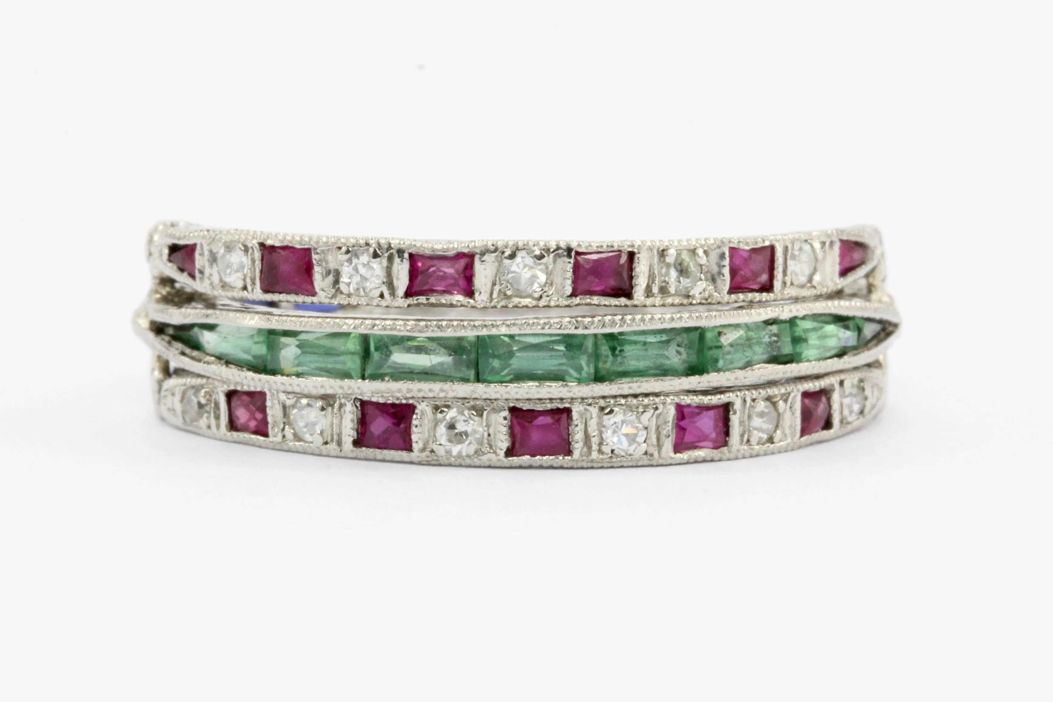 Art Deco Platinum Diamond Emerald Sapphire Ruby Flip Swivel Ring Eternity Band