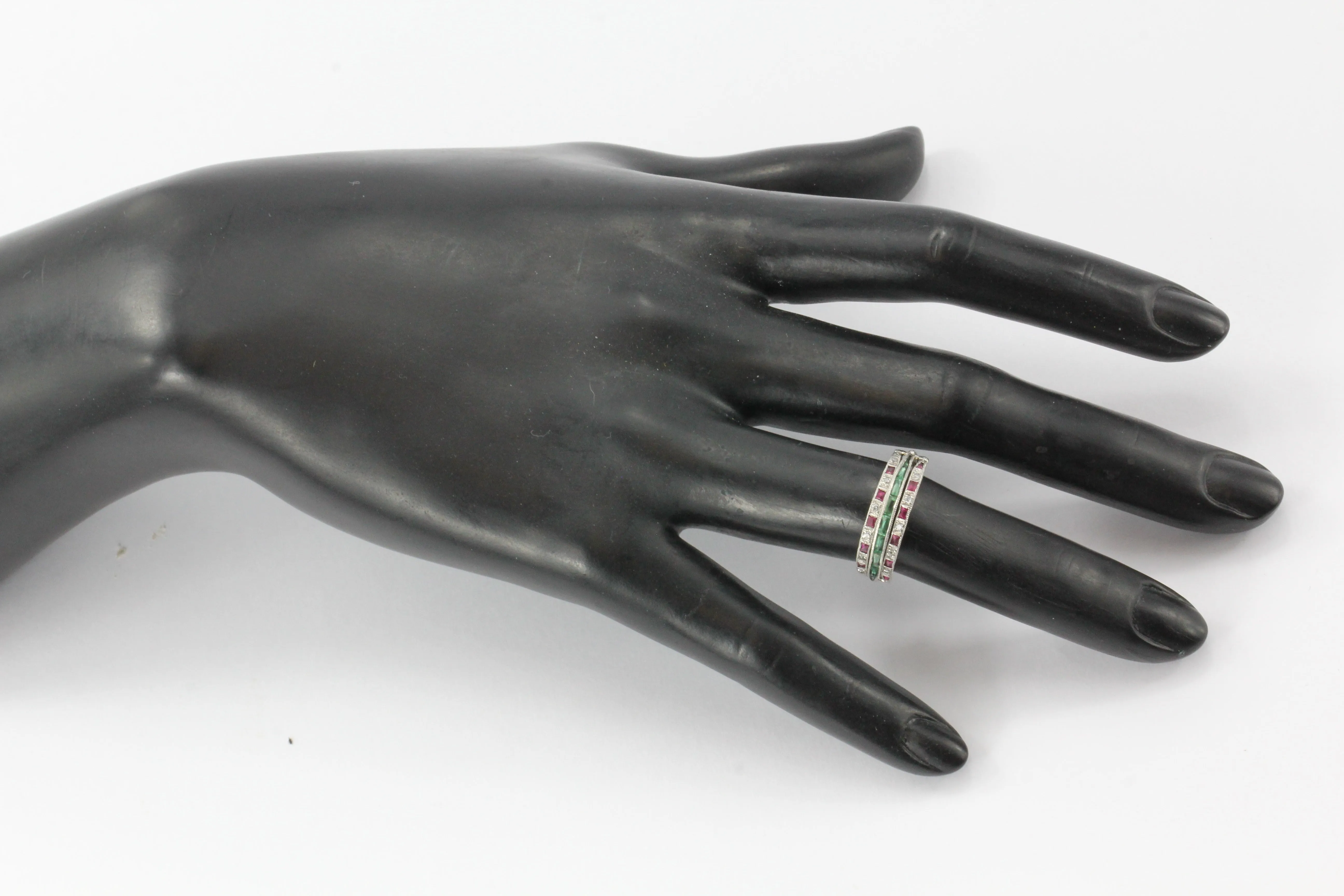 Art Deco Platinum Diamond Emerald Sapphire Ruby Flip Swivel Ring Eternity Band