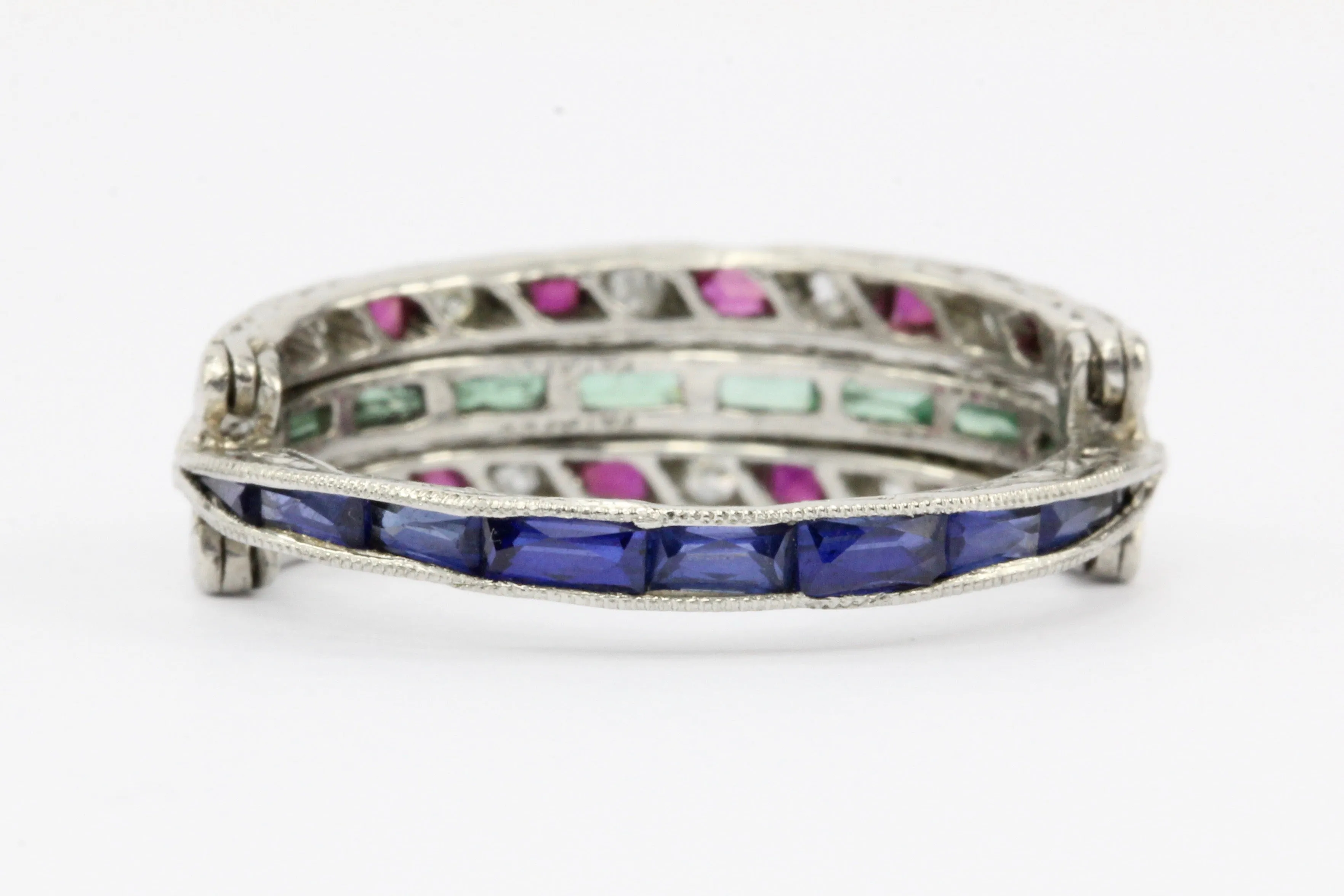 Art Deco Platinum Diamond Emerald Sapphire Ruby Flip Swivel Ring Eternity Band
