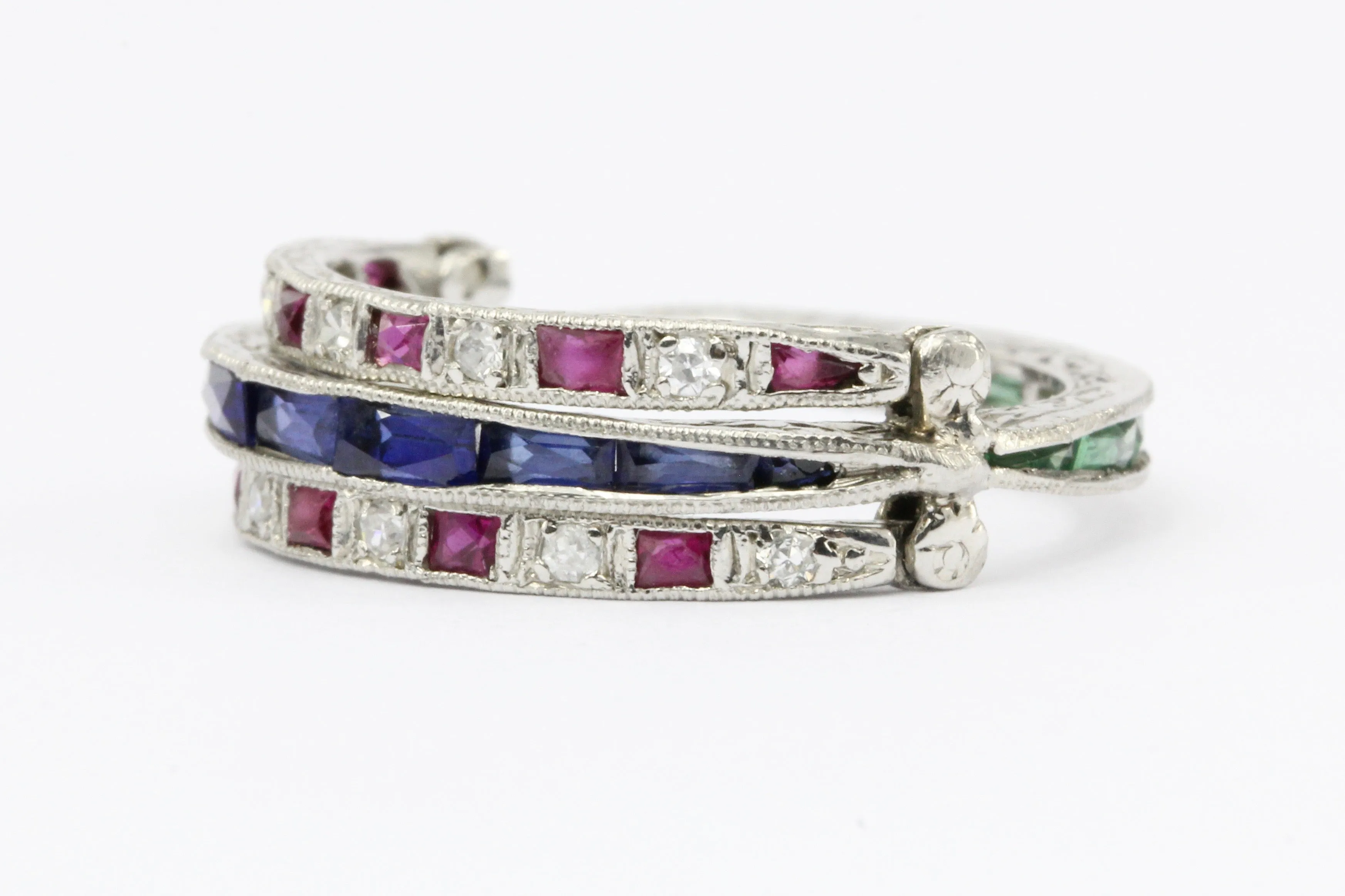 Art Deco Platinum Diamond Emerald Sapphire Ruby Flip Swivel Ring Eternity Band