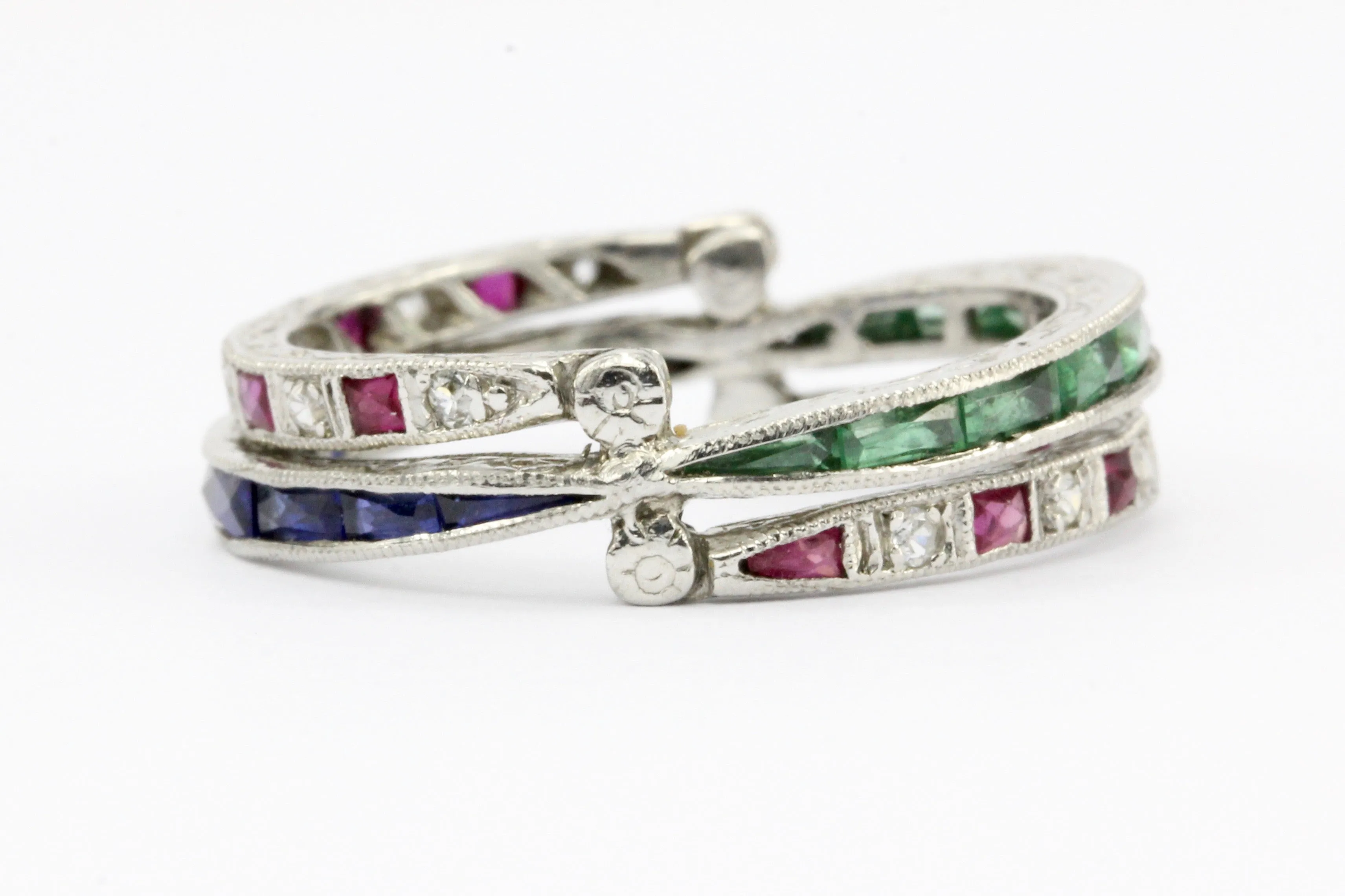 Art Deco Platinum Diamond Emerald Sapphire Ruby Flip Swivel Ring Eternity Band
