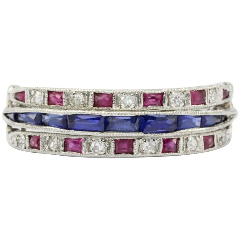 Art Deco Platinum Diamond Emerald Sapphire Ruby Flip Swivel Ring Eternity Band