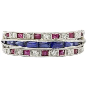 Art Deco Platinum Diamond Emerald Sapphire Ruby Flip Swivel Ring Eternity Band