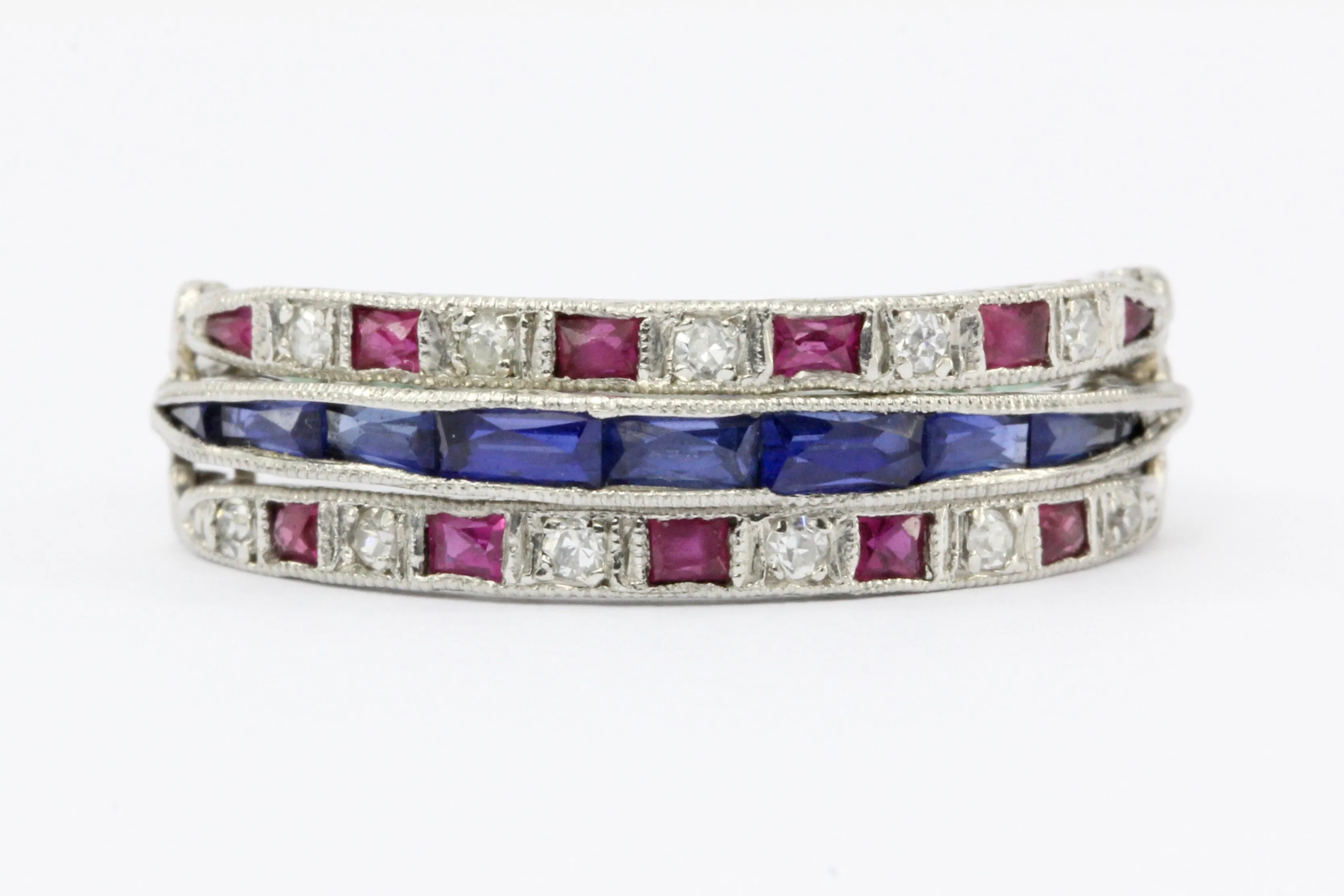 Art Deco Platinum Diamond Emerald Sapphire Ruby Flip Swivel Ring Eternity Band