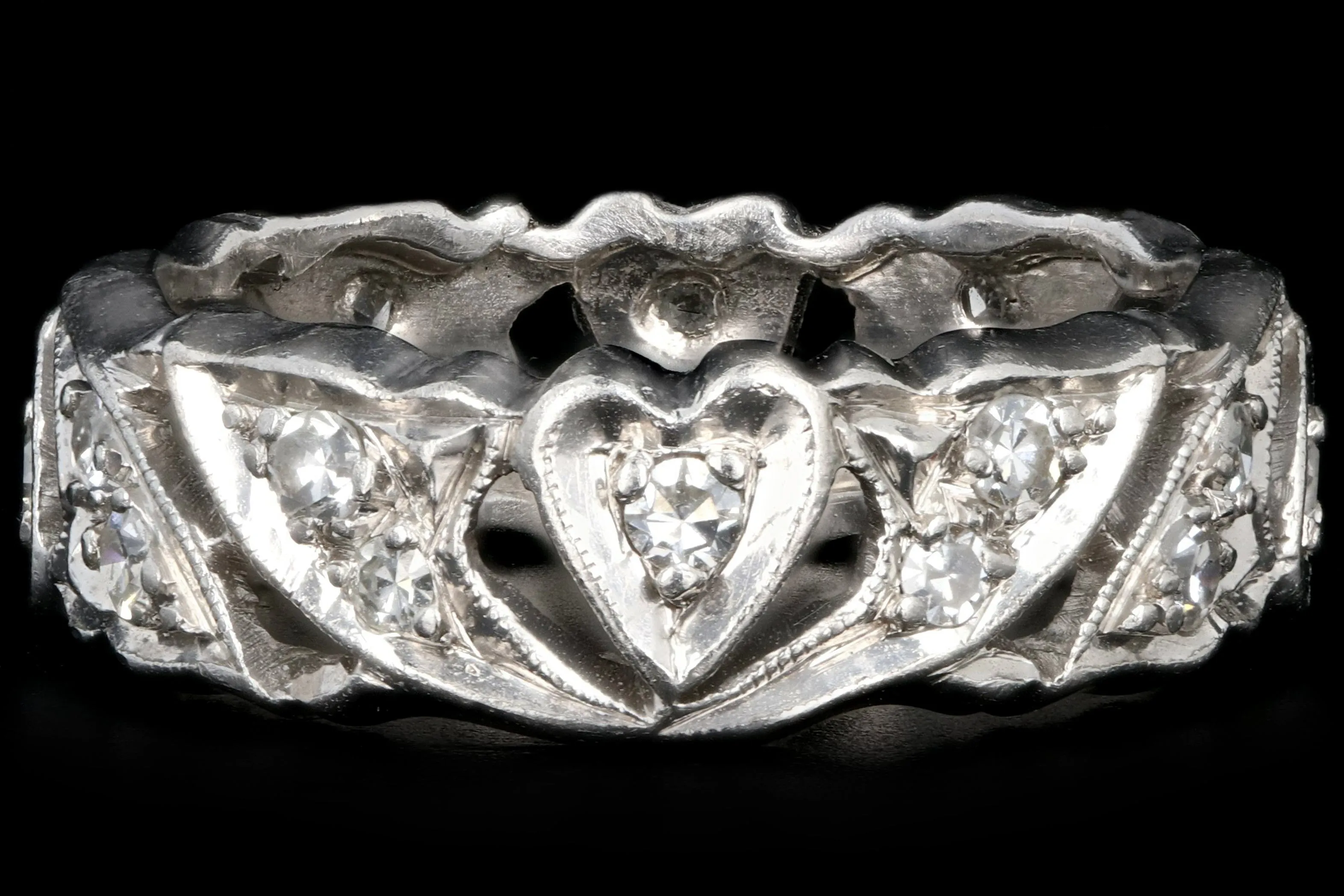 Art Deco Platinum Diamond Heart Motif Eternity Band Size 6