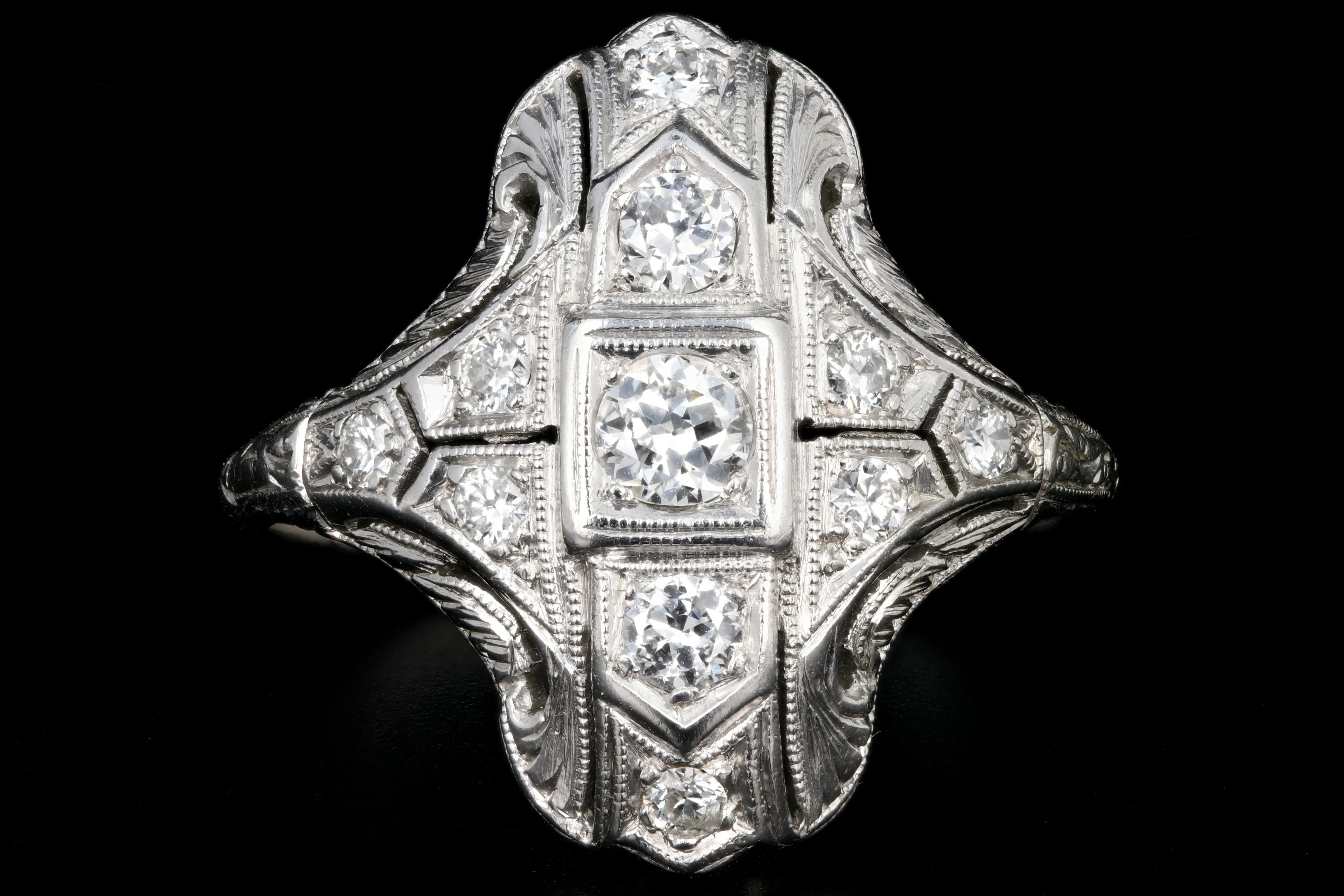 Art Deco Platinum Diamond Shield Ring Size 5.75