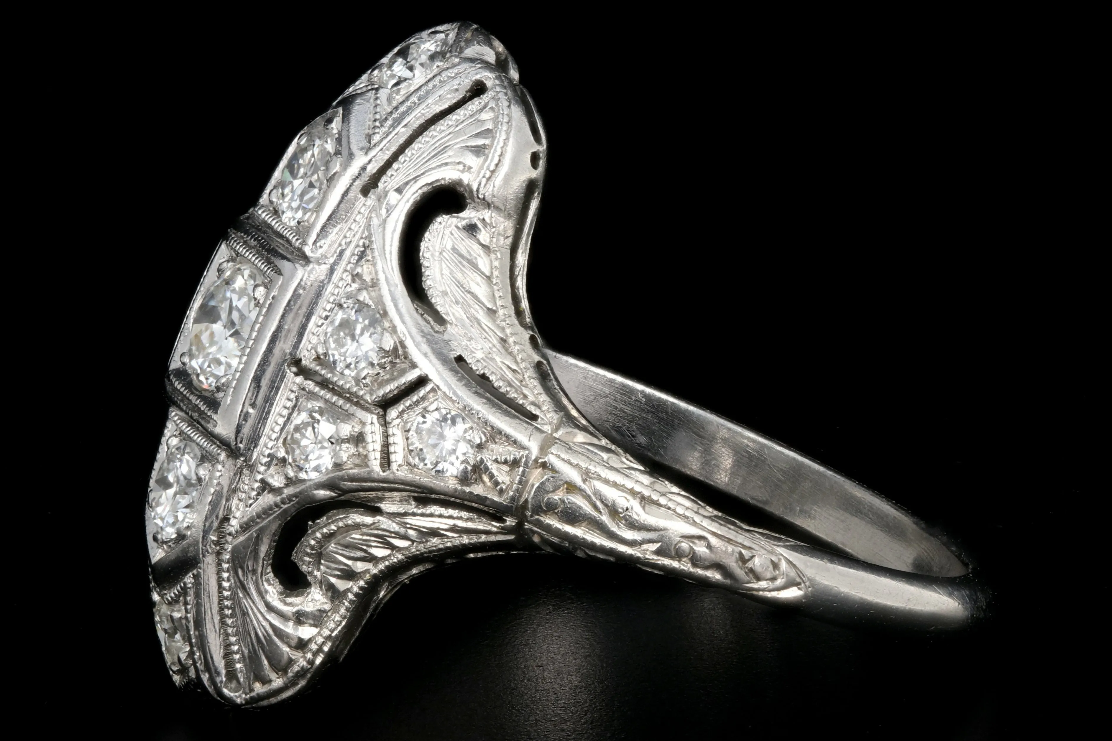 Art Deco Platinum Diamond Shield Ring Size 5.75