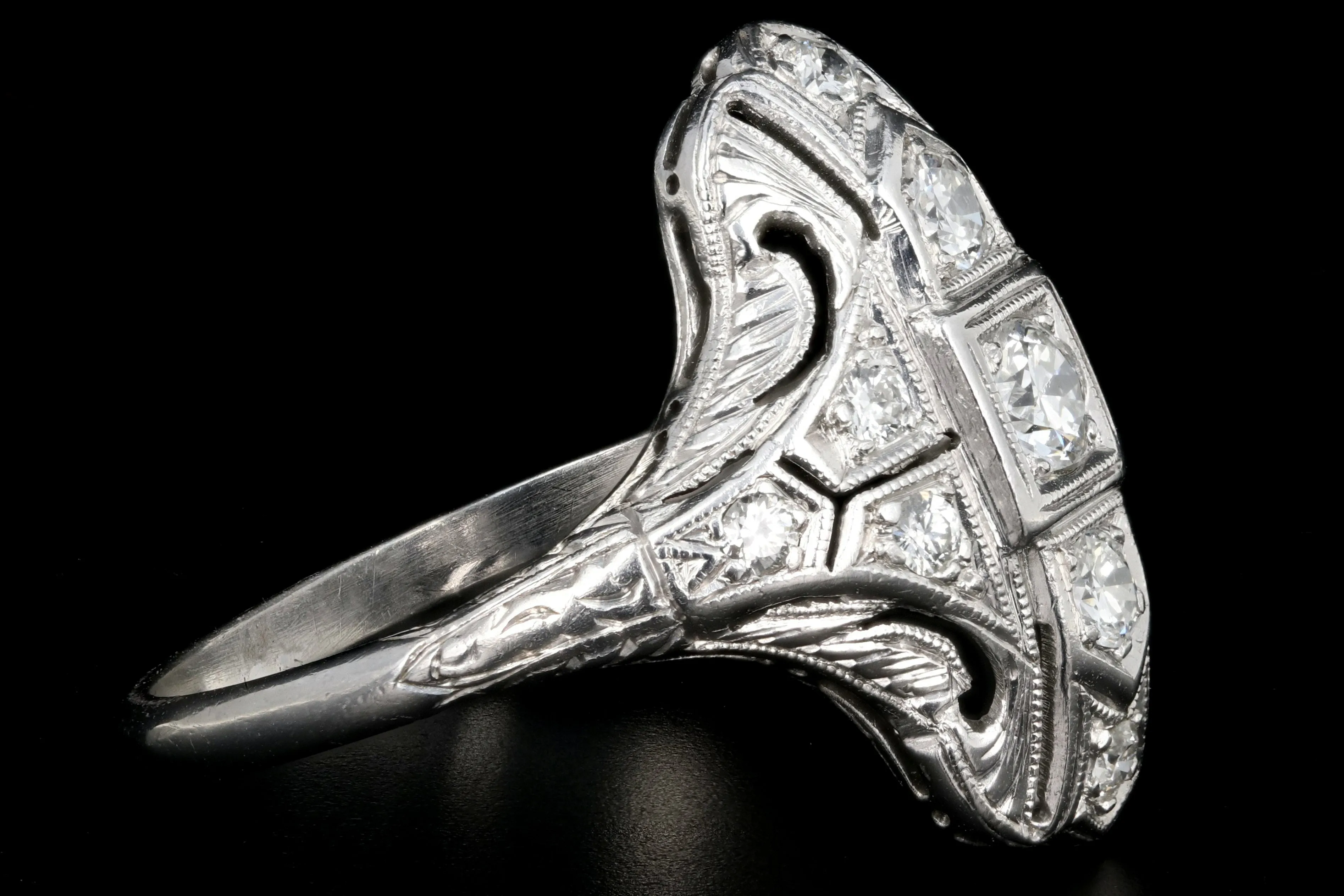 Art Deco Platinum Diamond Shield Ring Size 5.75