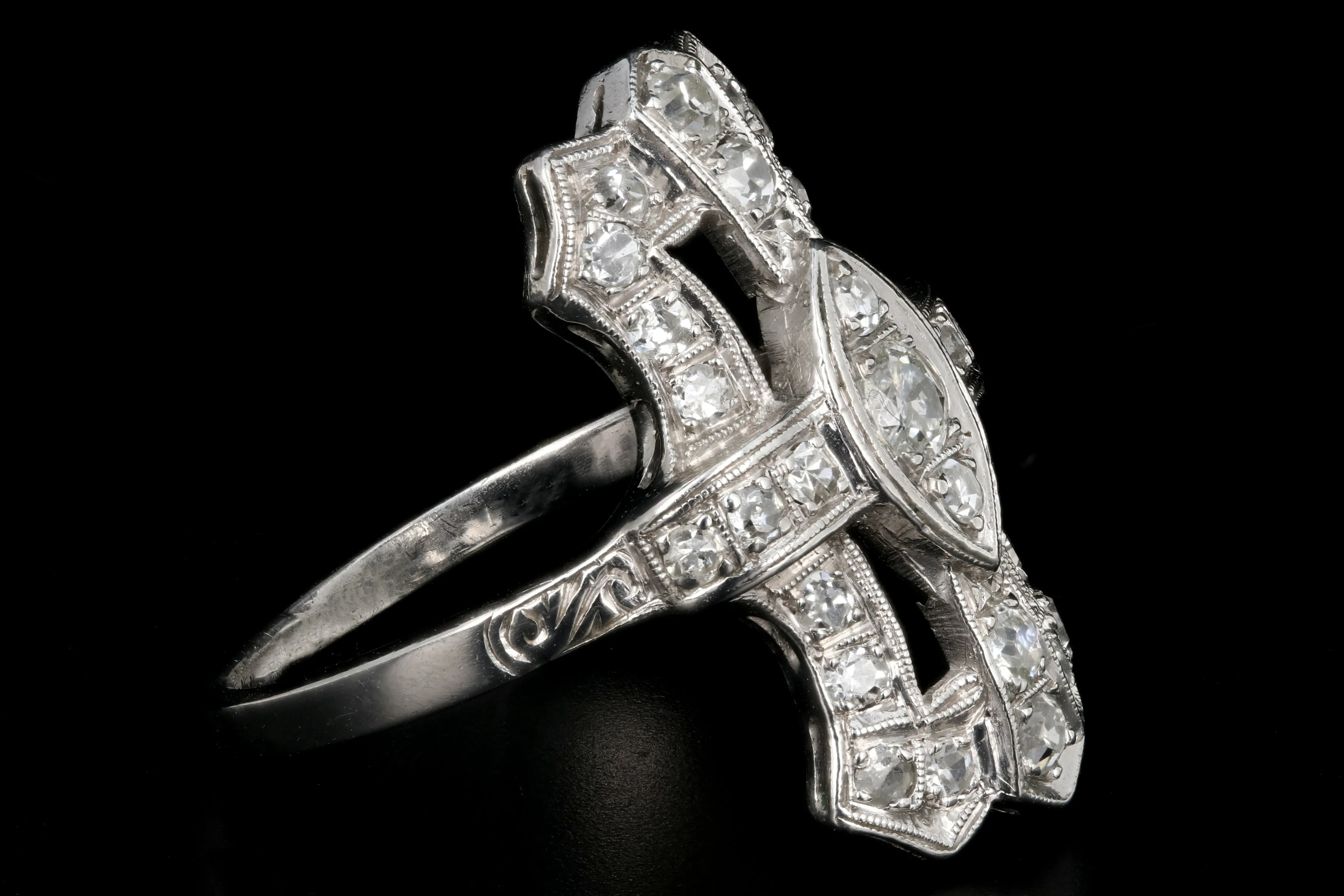 Art Deco Platinum Diamond Shield Ring Size 6.5