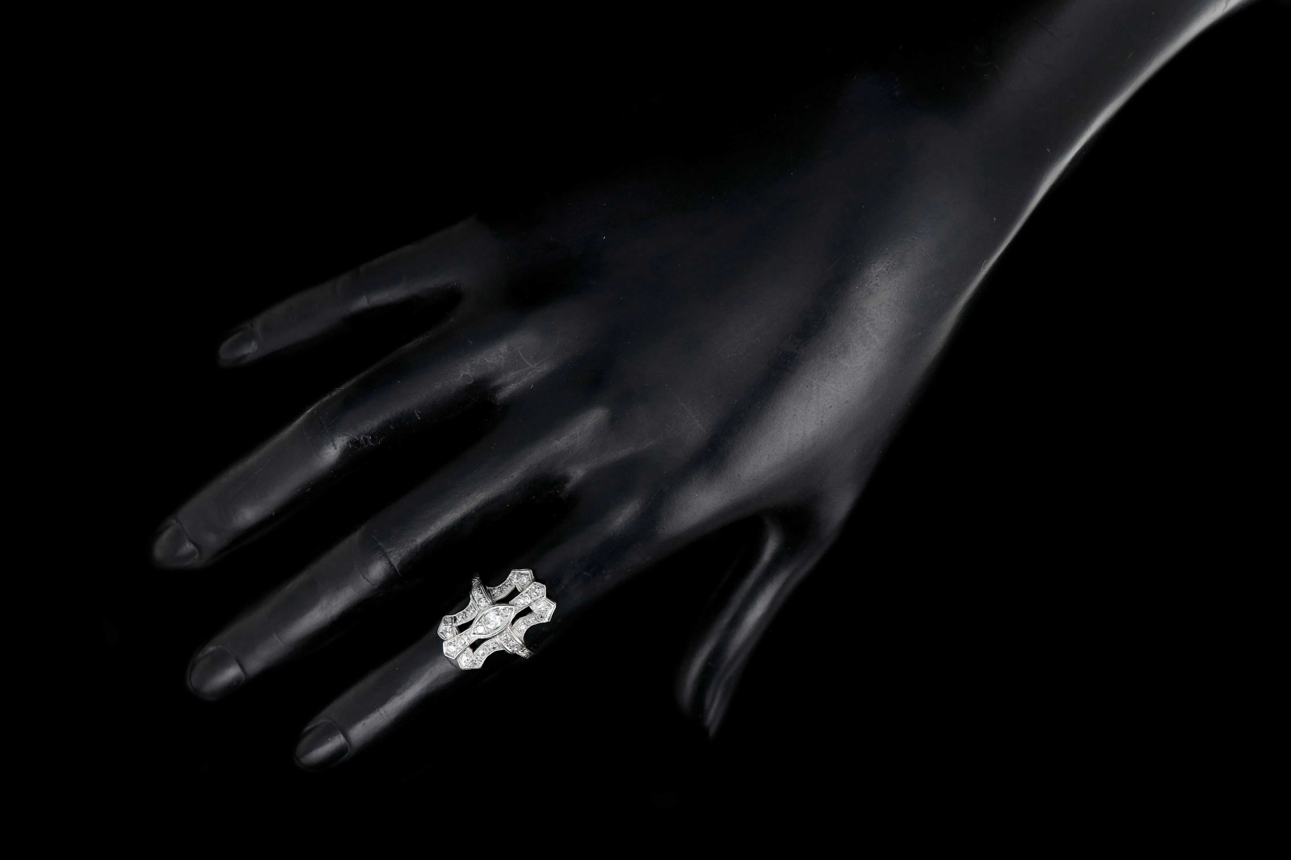 Art Deco Platinum Diamond Shield Ring Size 6.5