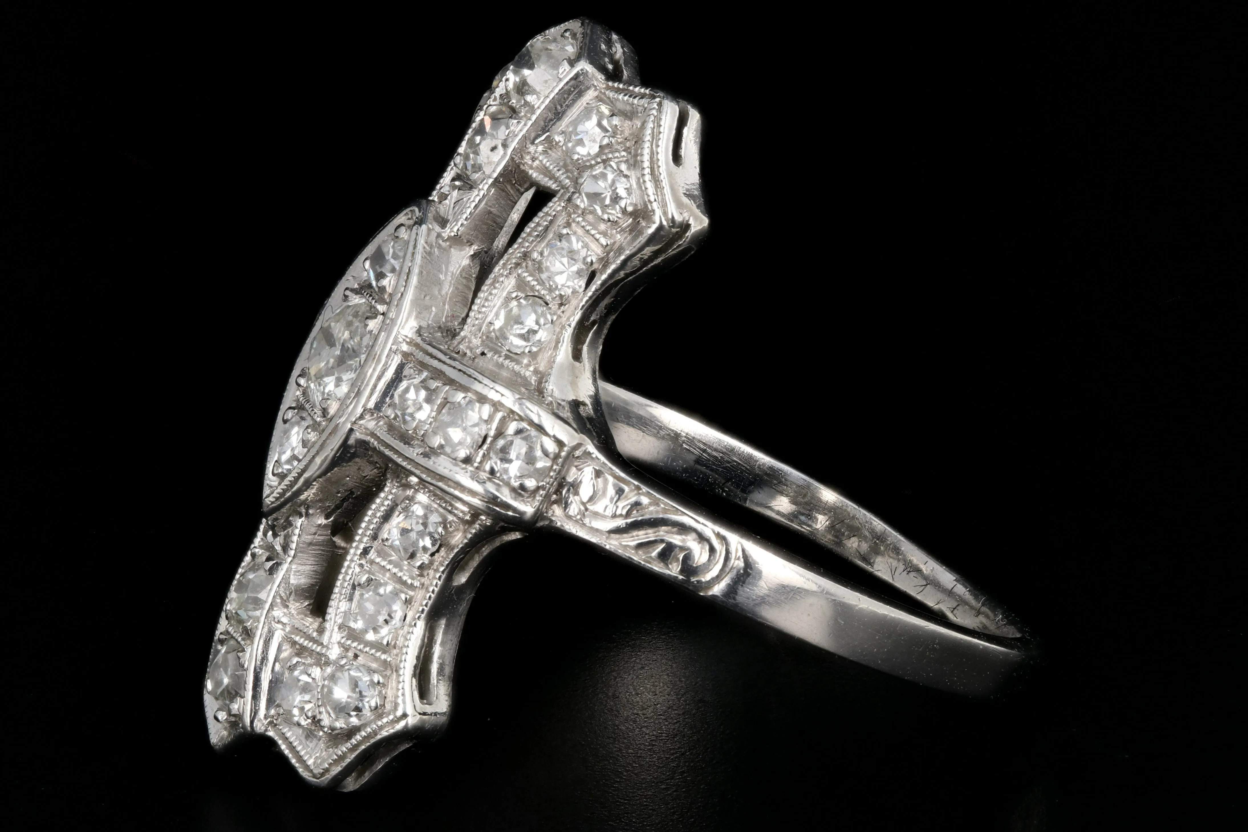 Art Deco Platinum Diamond Shield Ring Size 6.5