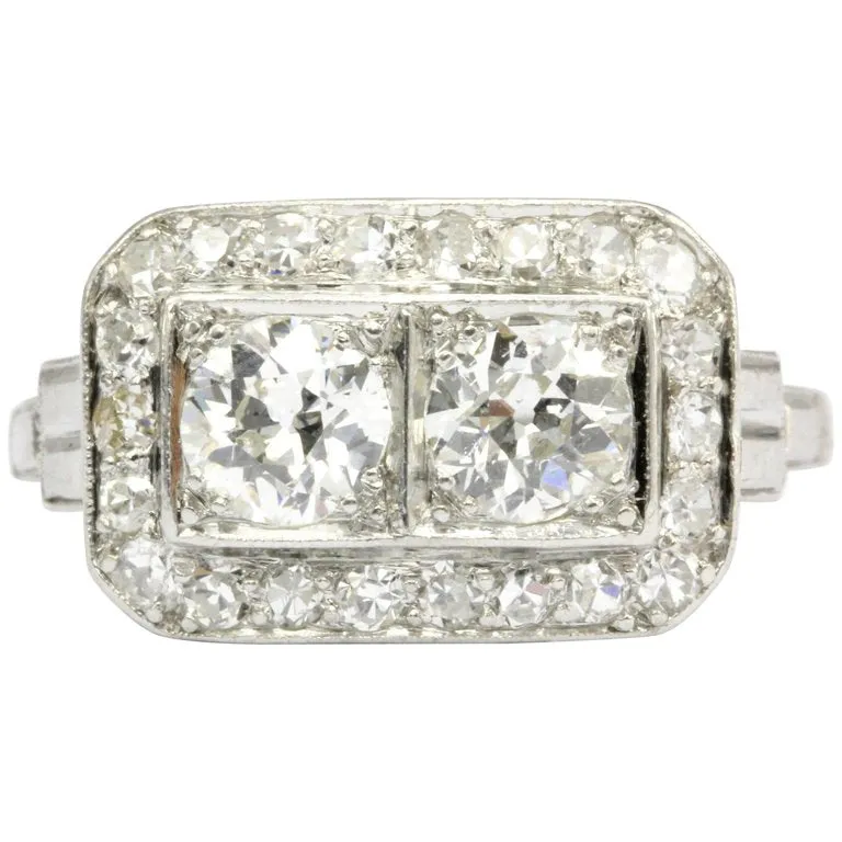 Art Deco Platinum Double Diamond Toi et Moi Ring Size 5.75