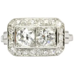 Art Deco Platinum Double Diamond Toi et Moi Ring Size 5.75
