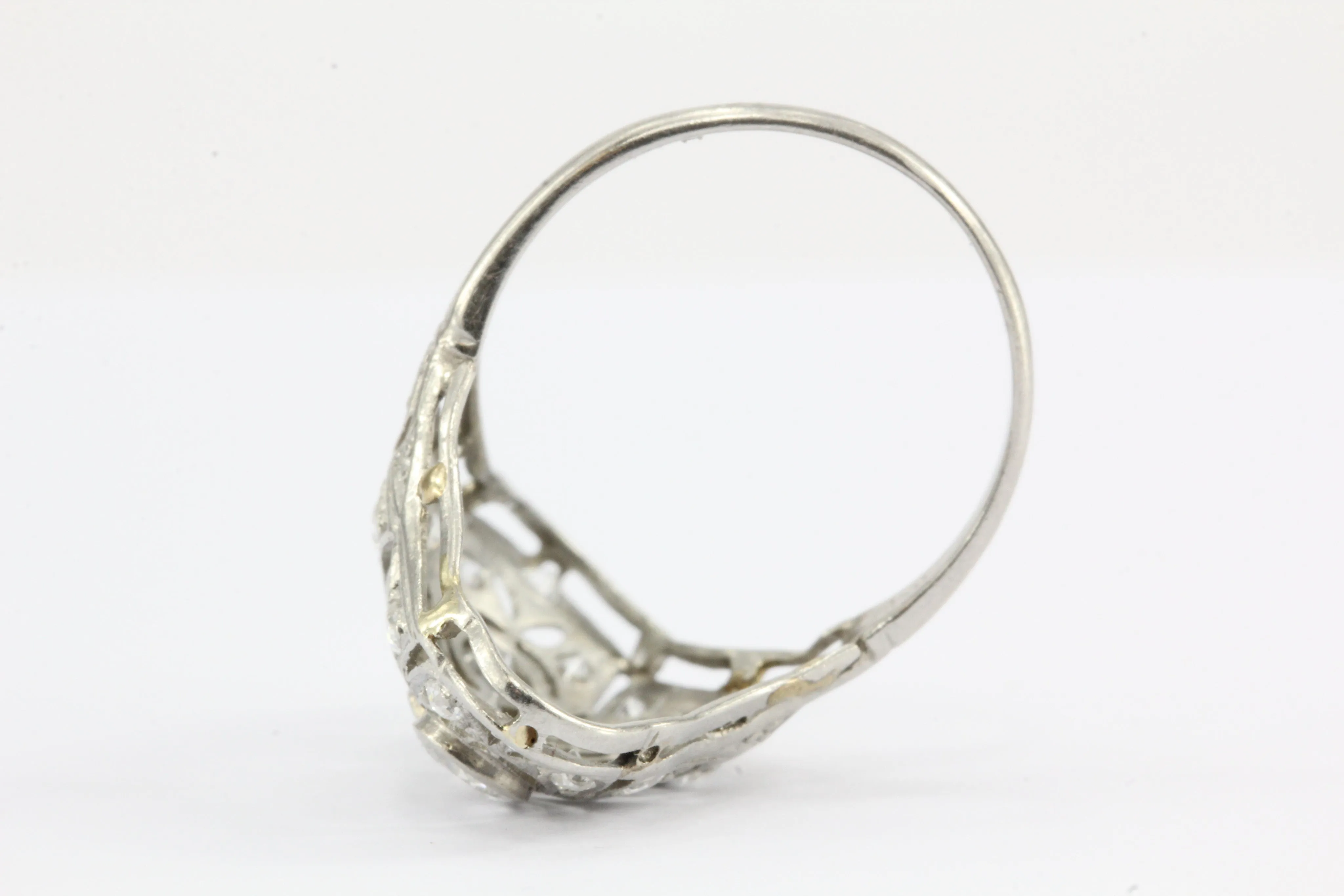Art Deco Platinum Filigree Old European Diamond Shield Ring