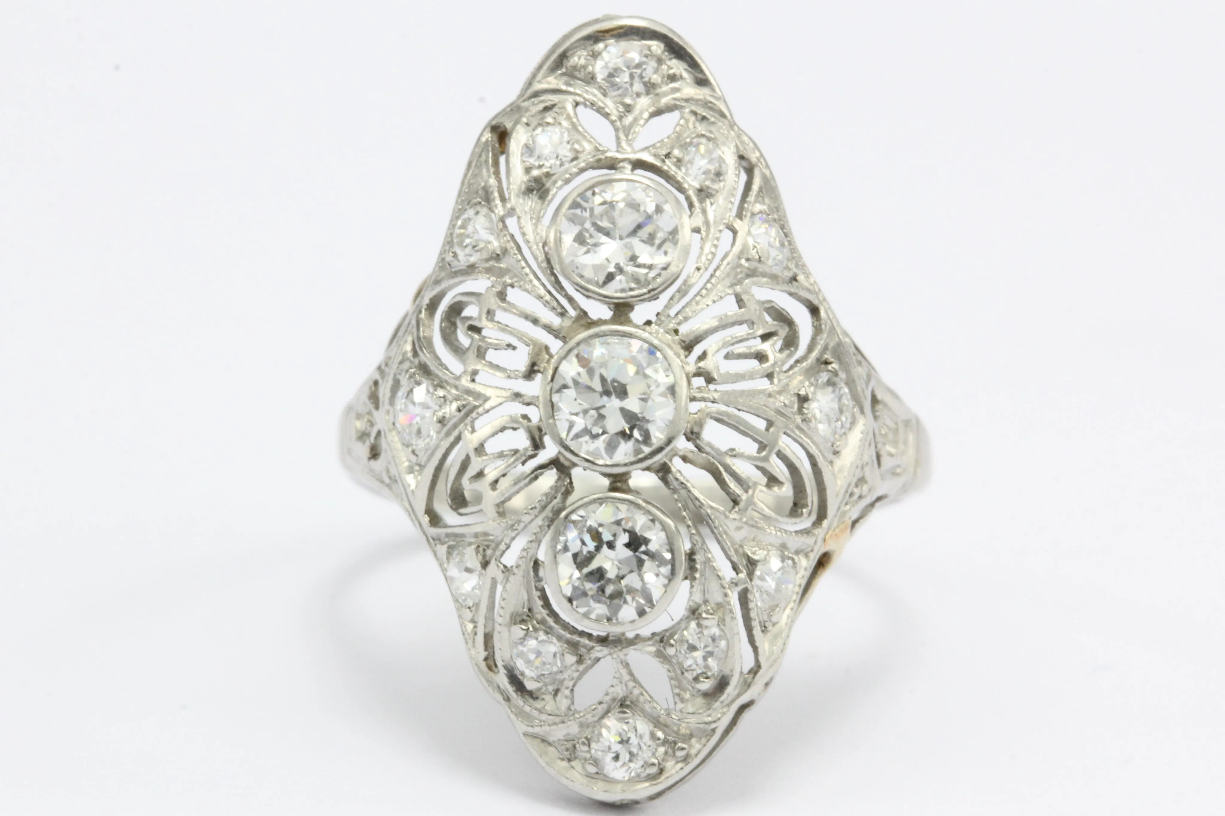 Art Deco Platinum Filigree Old European Diamond Shield Ring