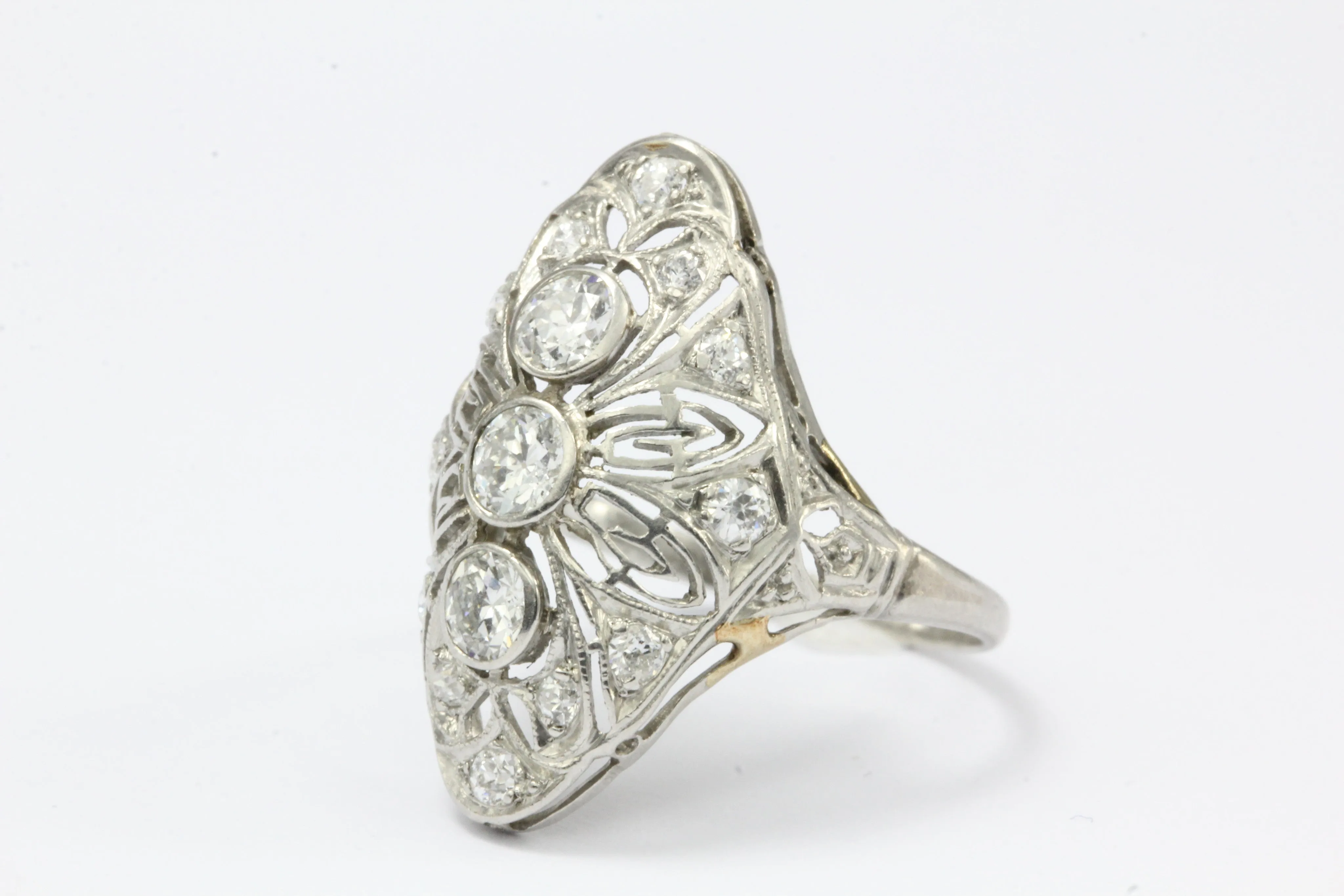Art Deco Platinum Filigree Old European Diamond Shield Ring