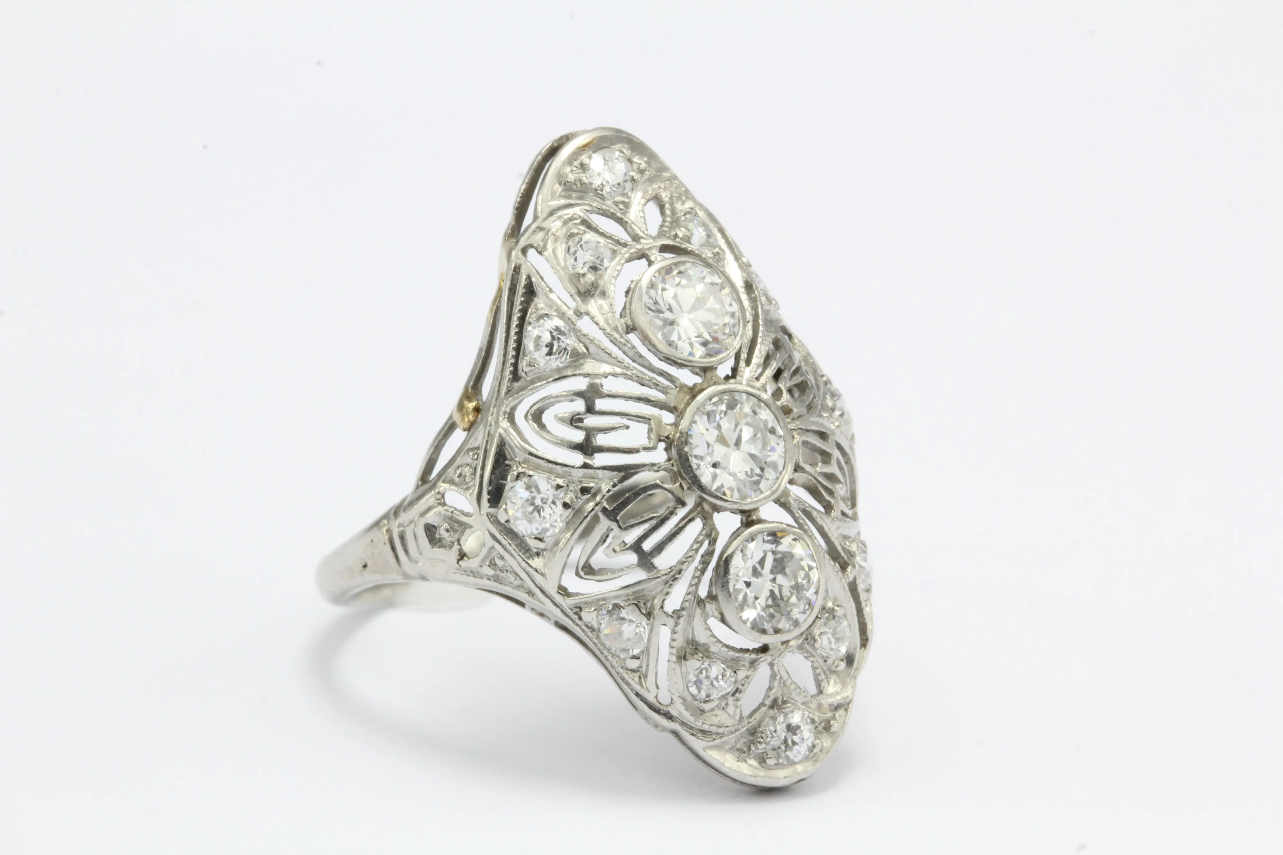 Art Deco Platinum Filigree Old European Diamond Shield Ring