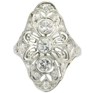 Art Deco Platinum Filigree Old European Diamond Shield Ring