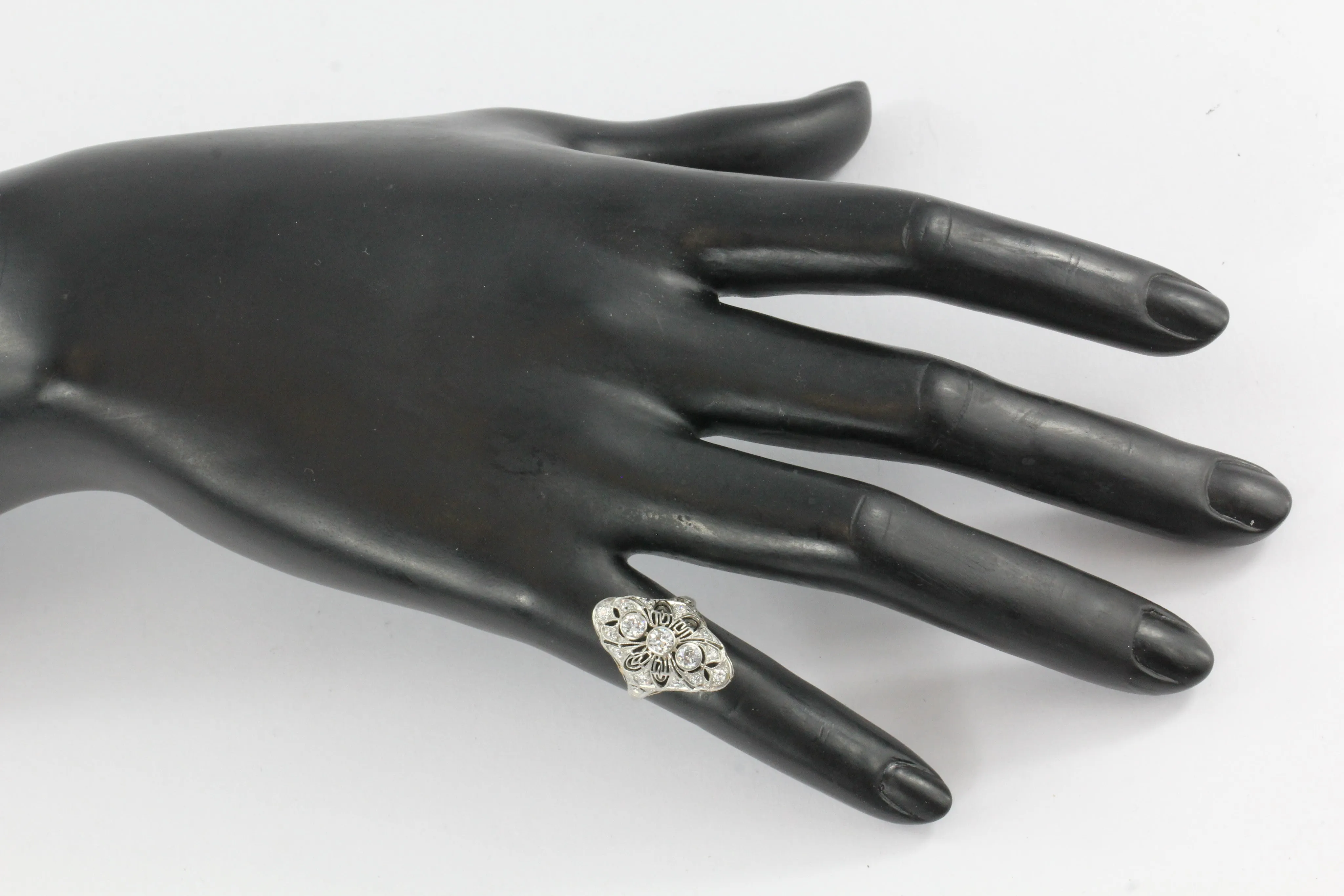 Art Deco Platinum Filigree Old European Diamond Shield Ring