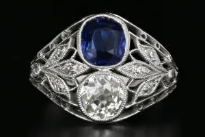 Art Deco Platinum GIA Certified No Heat Sapphire & Diamond Ring