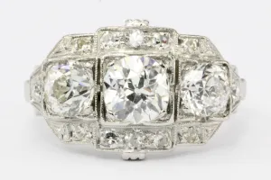Art Deco Platinum Old European Cut Diamond 3 Stone Cluster Ring c.1920's