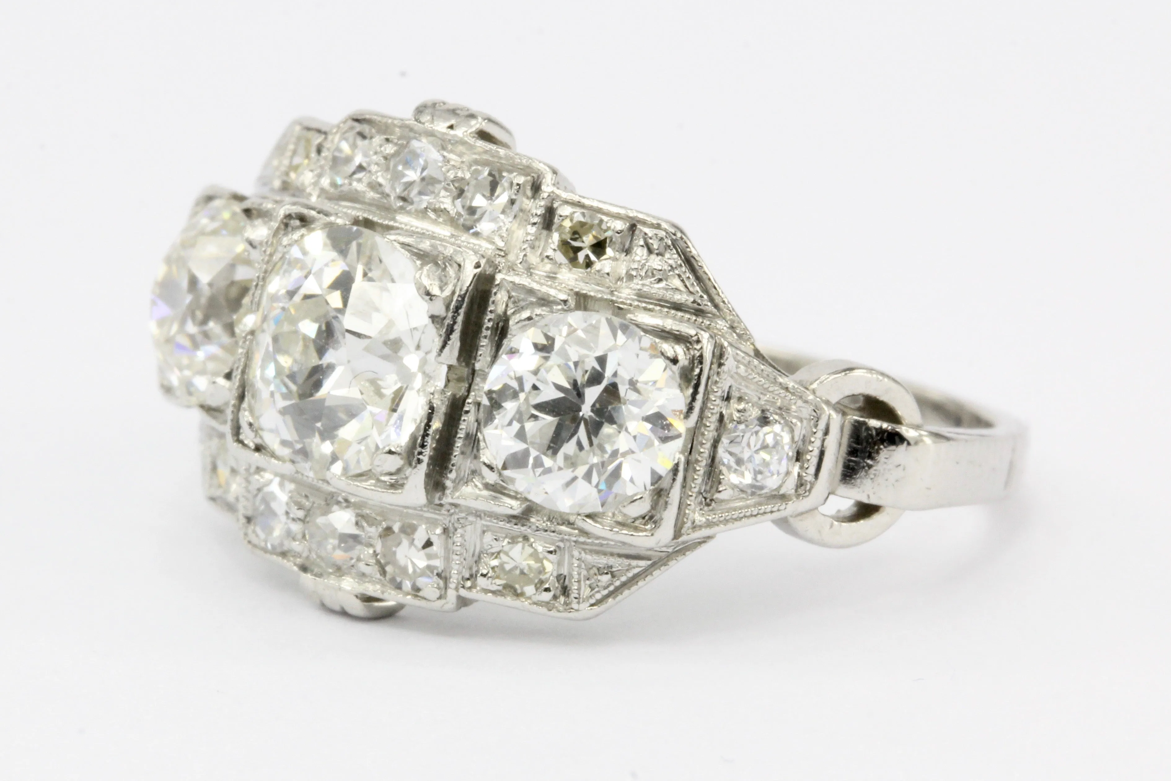 Art Deco Platinum Old European Cut Diamond 3 Stone Cluster Ring c.1920's