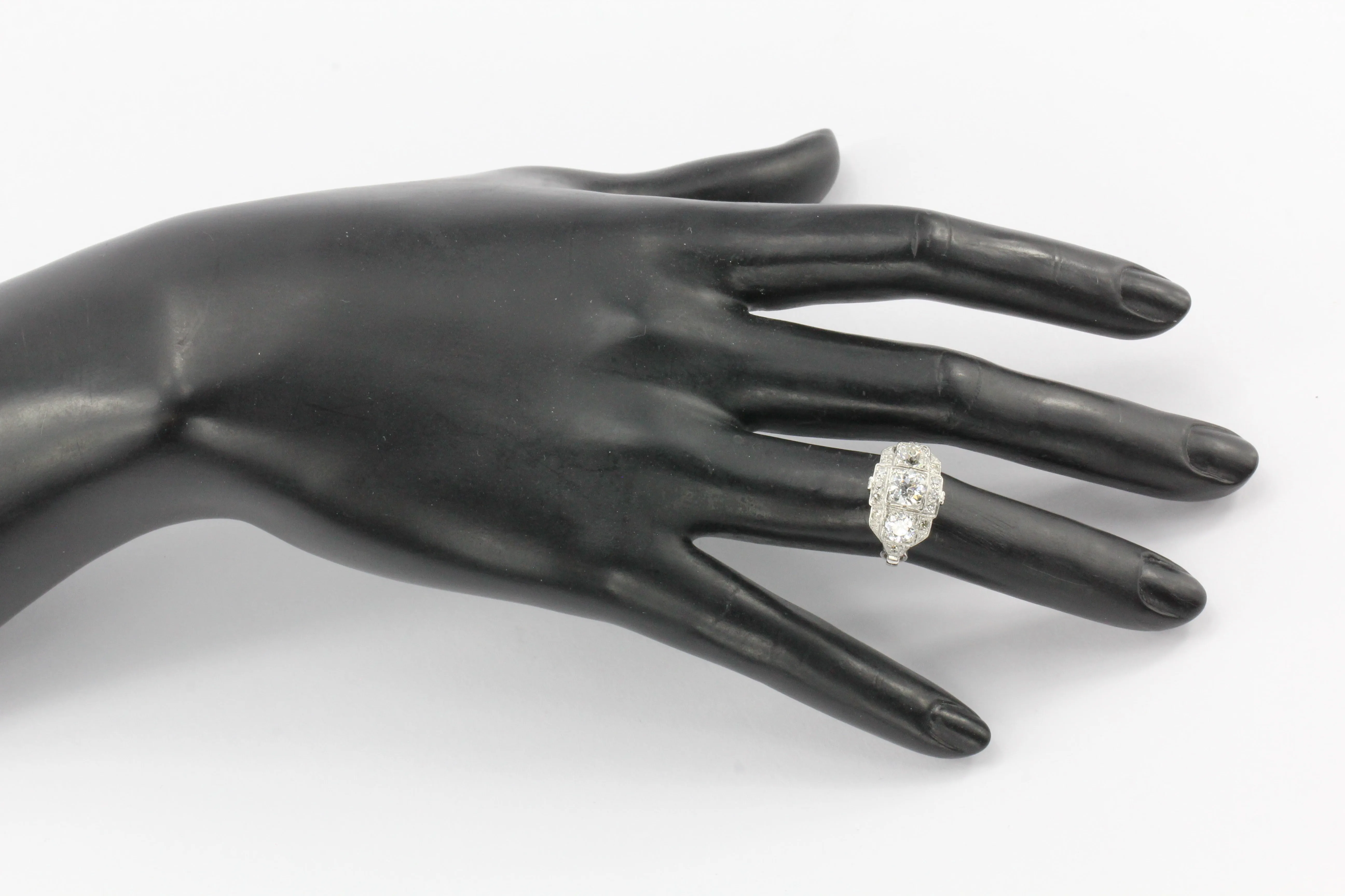 Art Deco Platinum Old European Cut Diamond 3 Stone Cluster Ring c.1920's