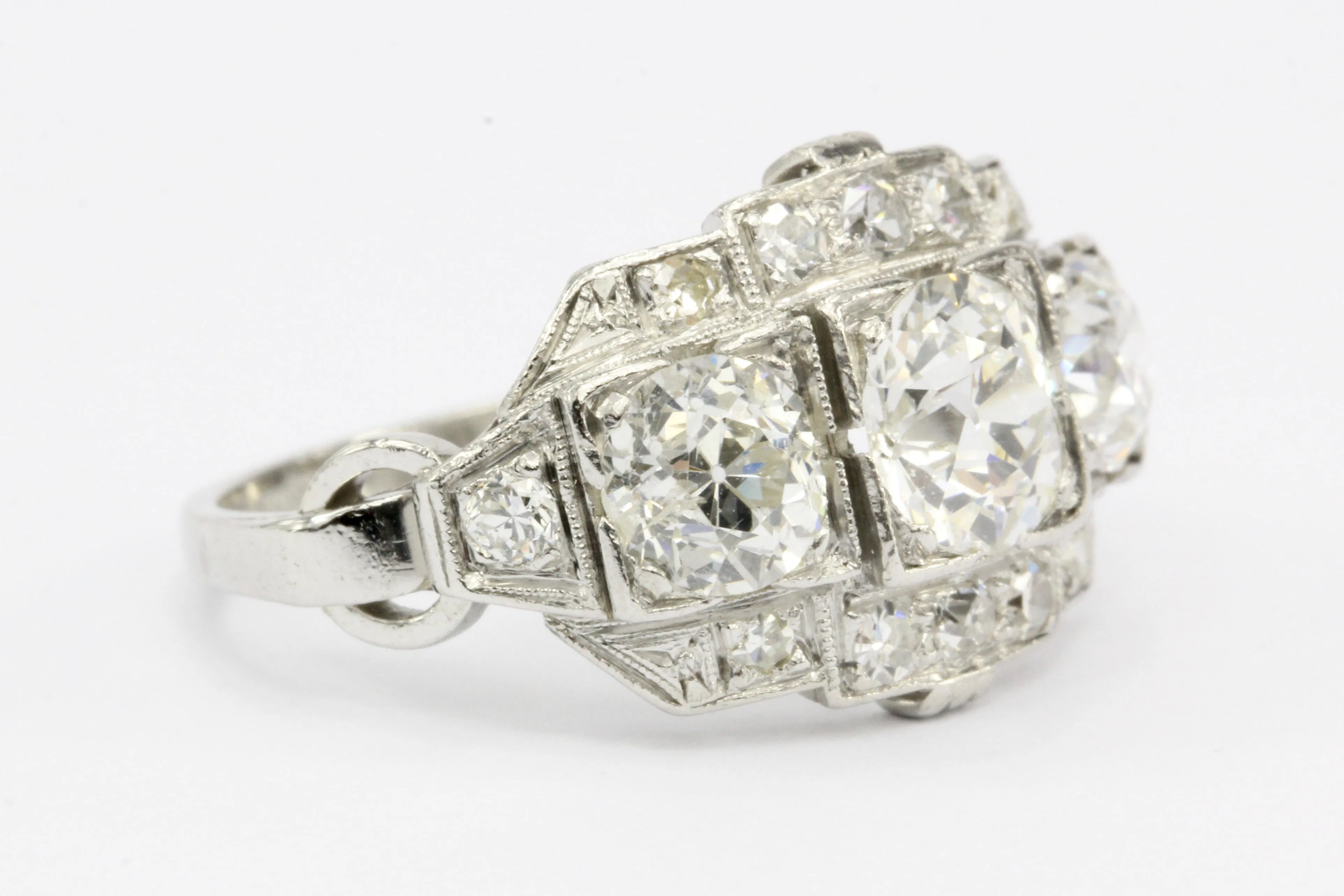 Art Deco Platinum Old European Cut Diamond 3 Stone Cluster Ring c.1920's