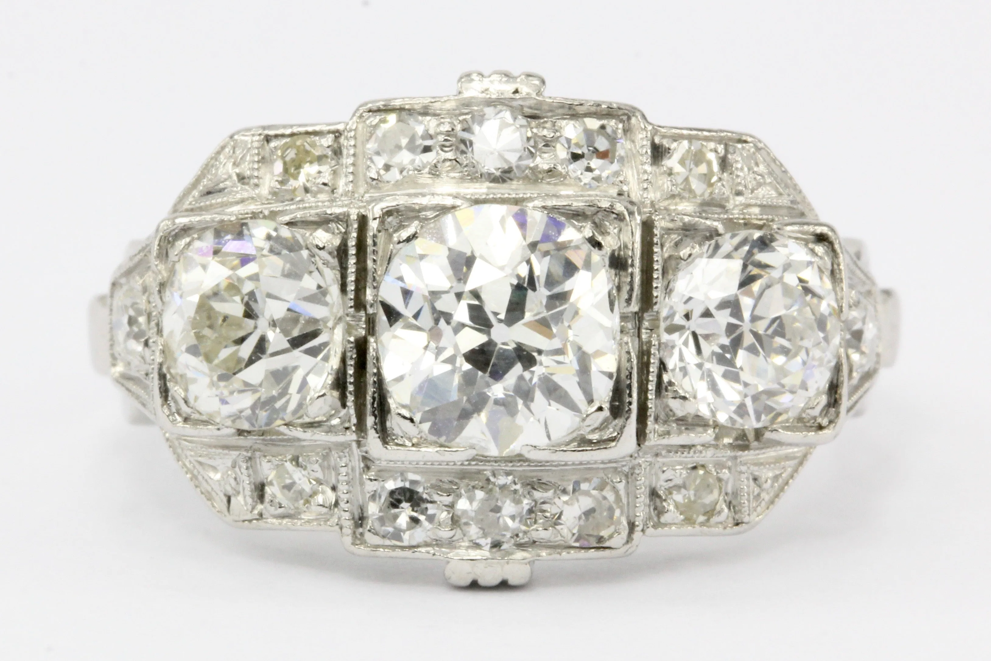 Art Deco Platinum Old European Cut Diamond 3 Stone Cluster Ring c.1920's