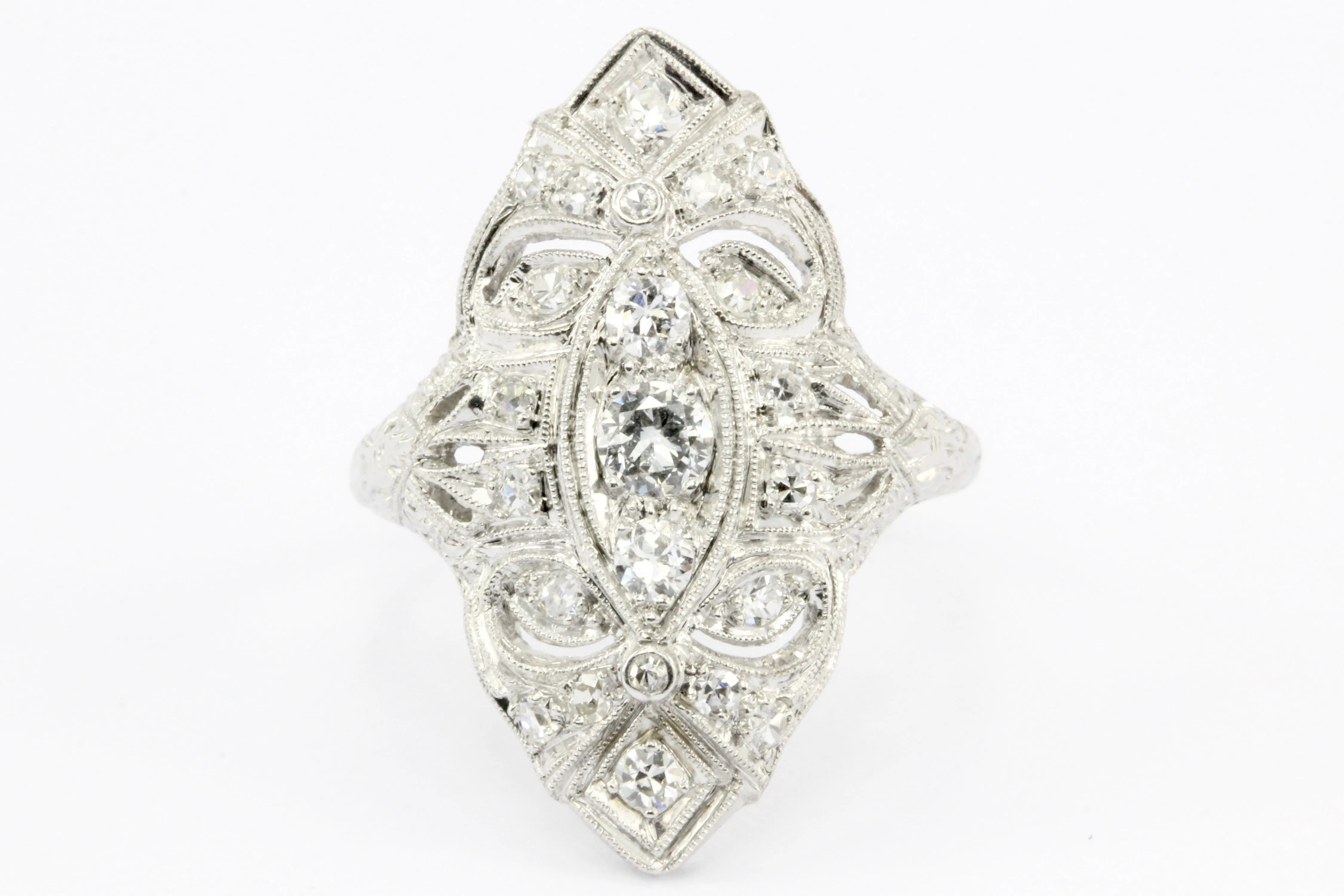 Art Deco Platinum Old European Cut Diamond Filigree Shield Ring c.1920's