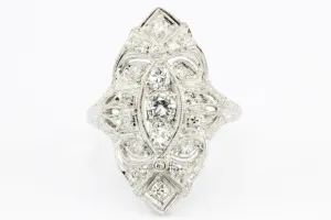 Art Deco Platinum Old European Cut Diamond Filigree Shield Ring c.1920's