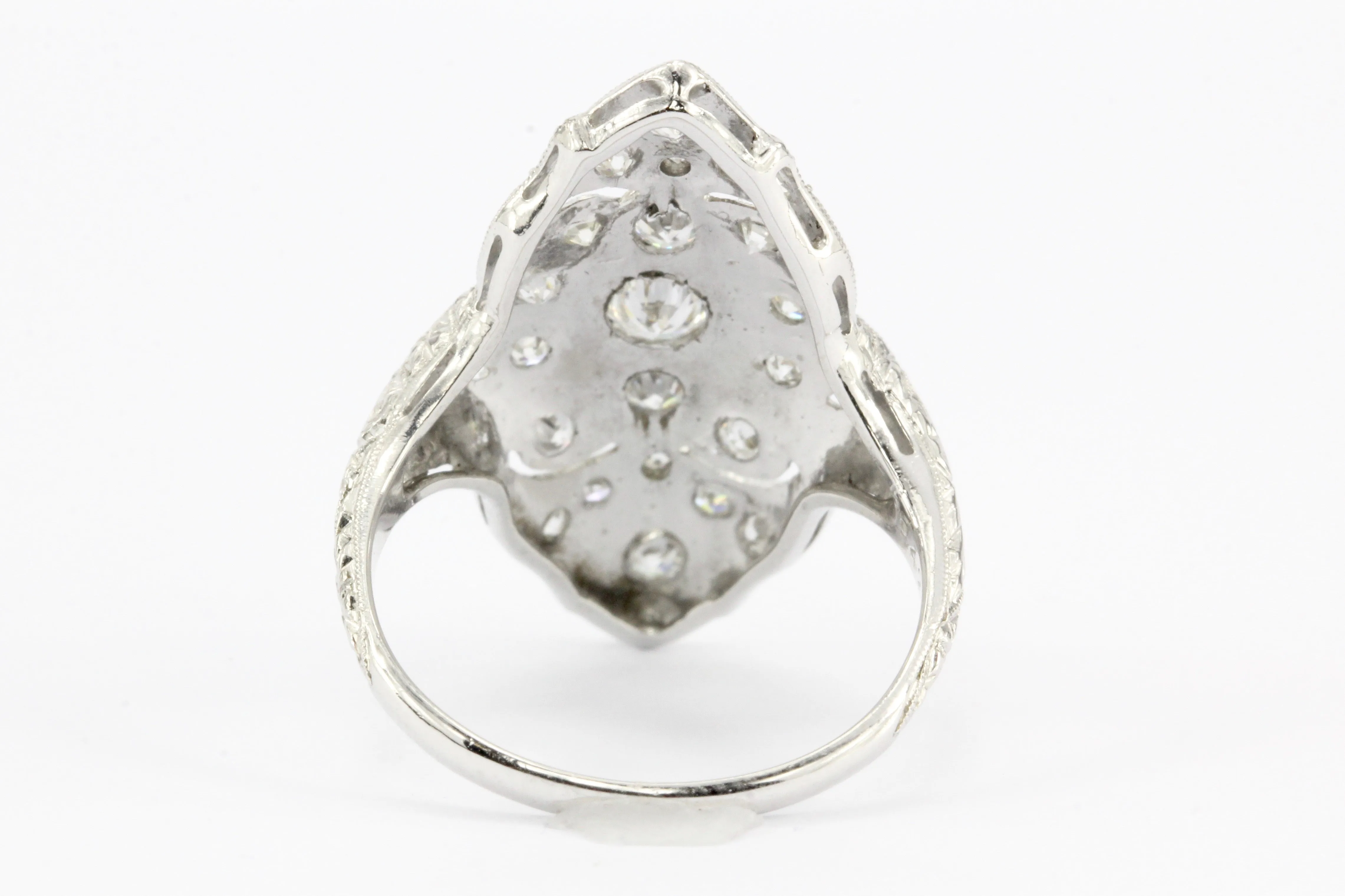 Art Deco Platinum Old European Cut Diamond Filigree Shield Ring c.1920's